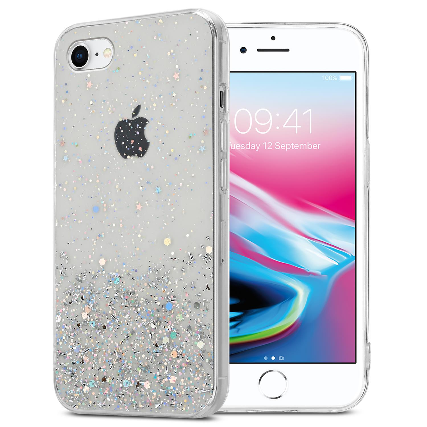 Ein weißes Telefon mit einer durchsichtigen Hülle, gefüllt mit silbernem Glitzer und einem schwarzen Apple-Logo.