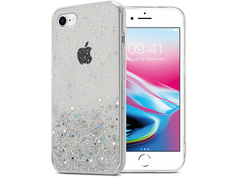 CADORABO Schutzhülle mit funkelnden Glitter, Backcover, Apple, iPhone 7 / 7S / 8 / SE 2020, Transparent mit Glitter