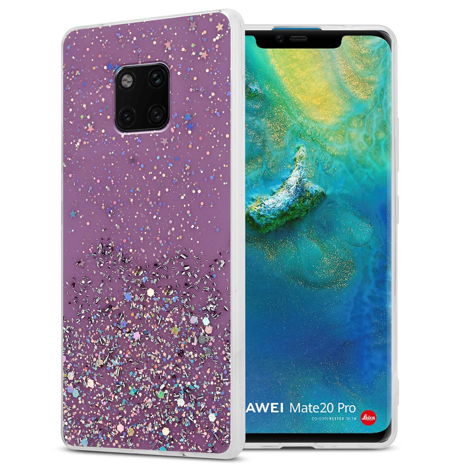 Lila Handyhülle mit Sternen und Glitzer. Das Telefon zeigt ein farbenfrohes Hintergrundbild.
