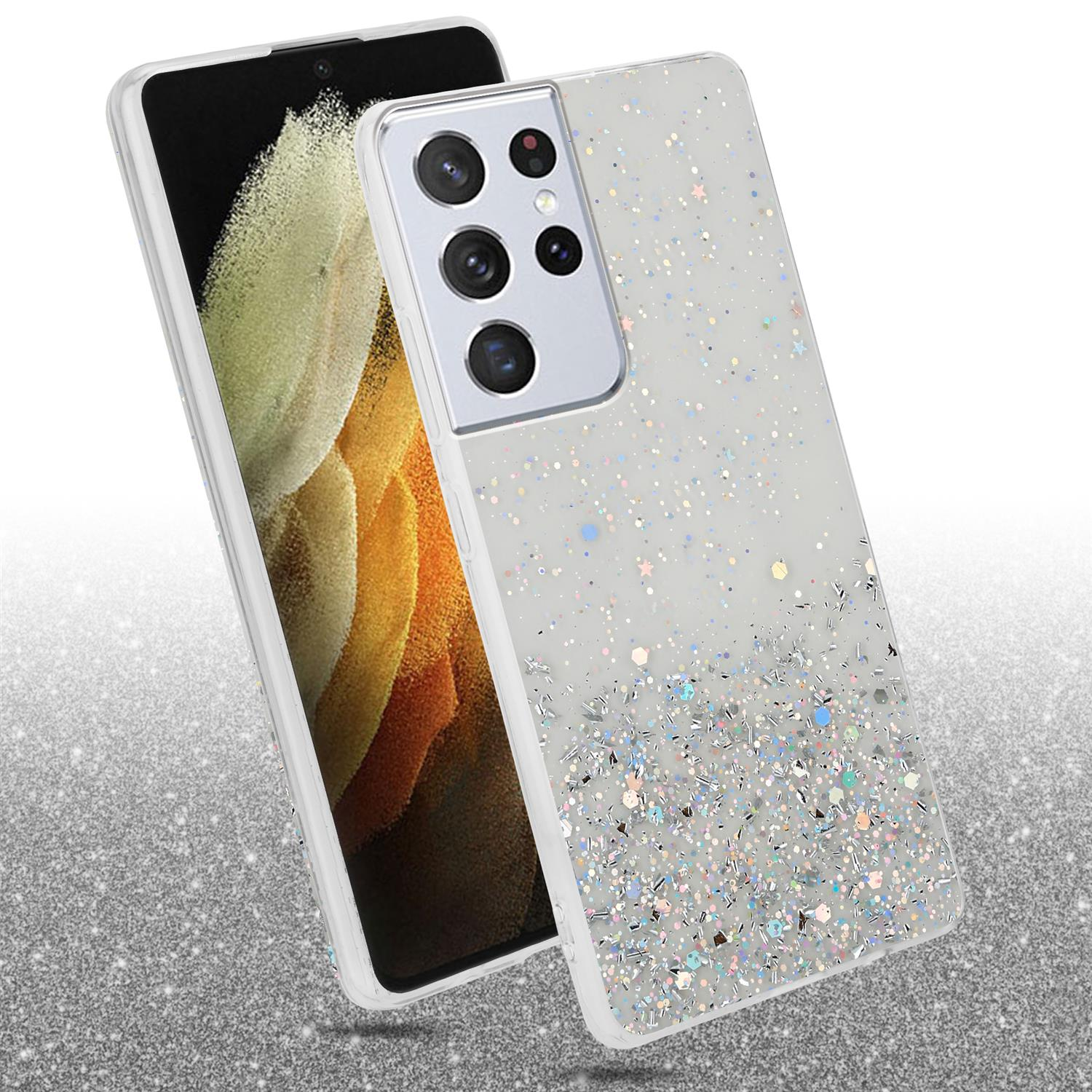 Ein Telefon mit glitzerndem Gehäuse. Ein anderes Telefon befindet sich dahinter.