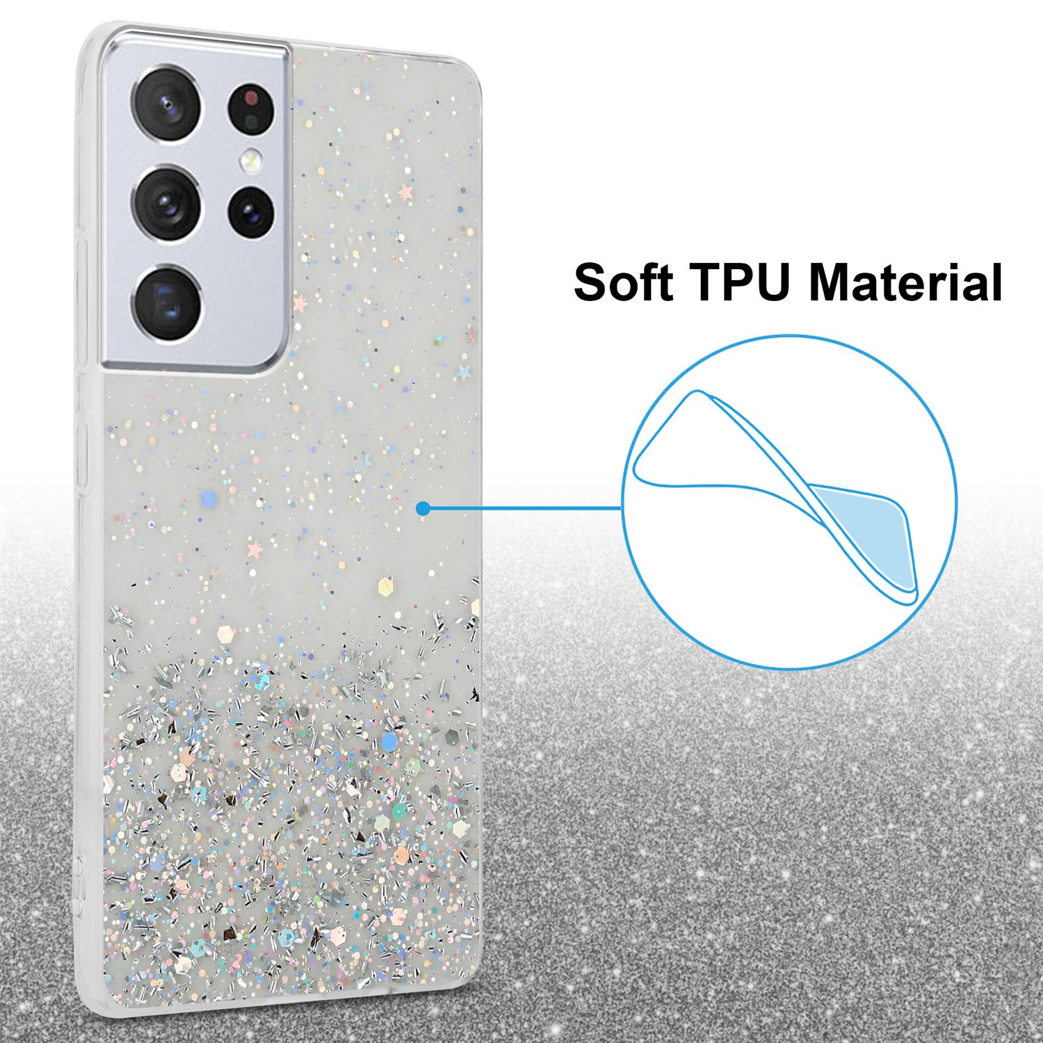 Glitter Schutzhülle mit funkelnden CADORABO Samsung, Galaxy S21 mit Glitter, ULTRA, Transparent Backcover,