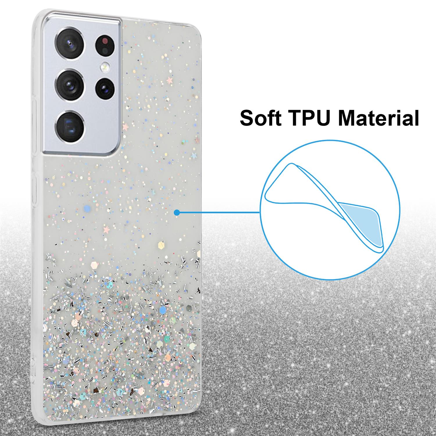 Handyhülle mit Glitzerdetail, zeigt ein Telefon.