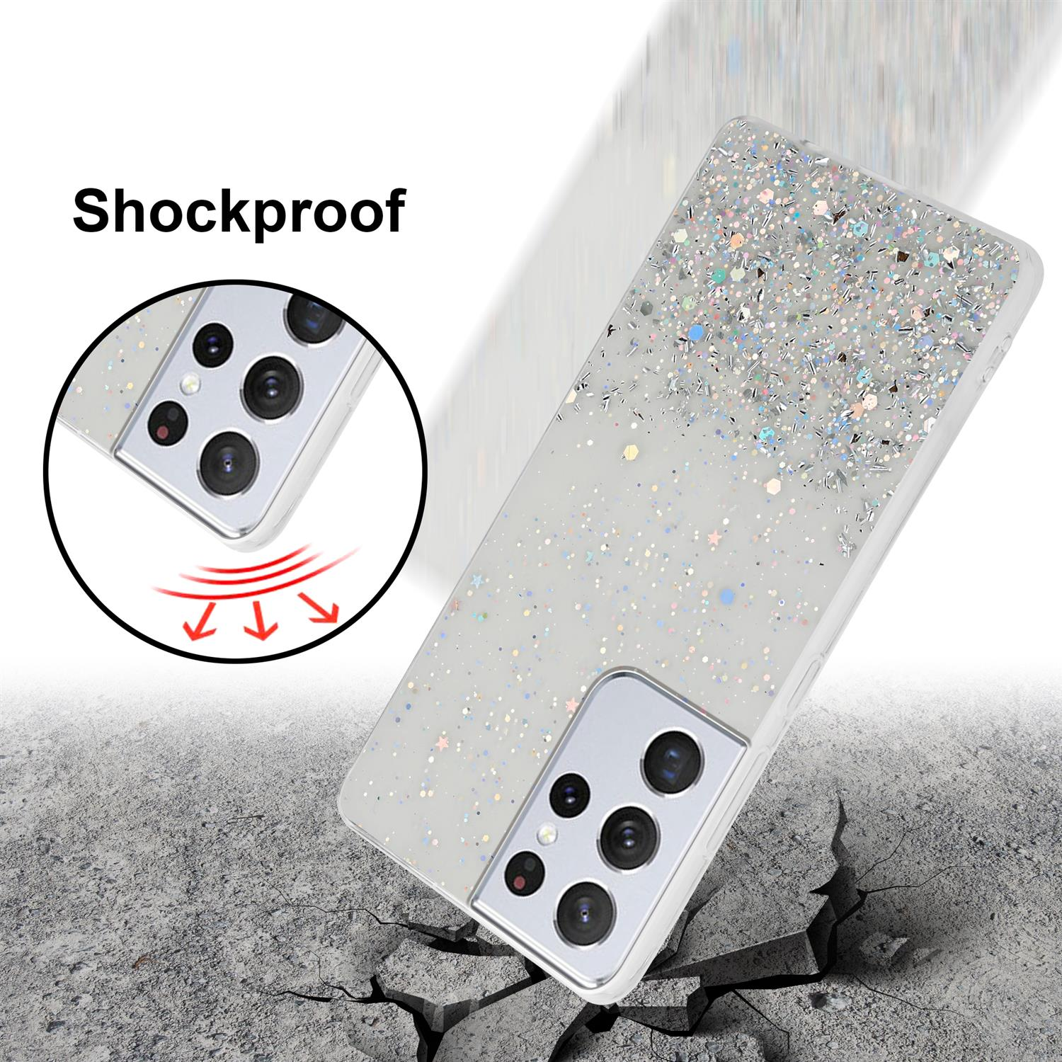 Eine Handyhülle mit Glitzerdesign. Das Telefon befindet sich über einer zerbrochenen Oberfläche.