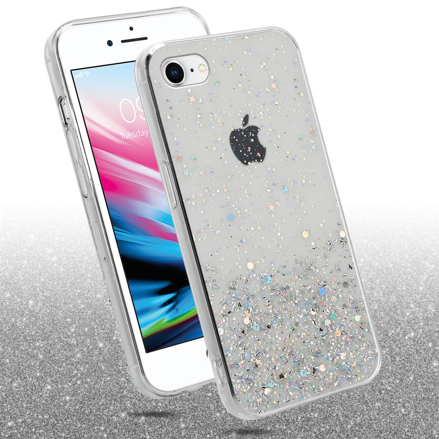 Telefon mit transparenter Hülle mit Glitzer. Weißer Hintergrund.