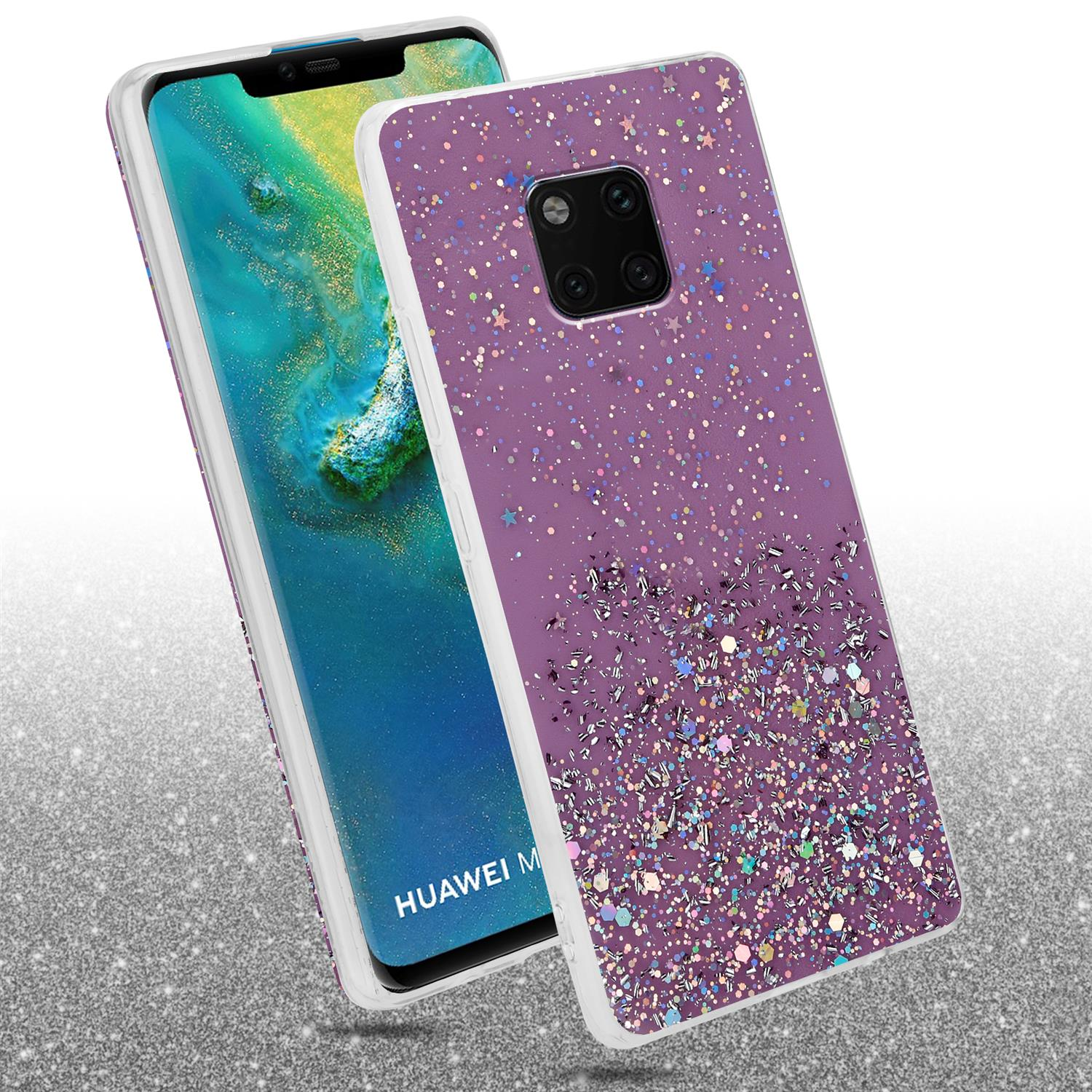 Eine lila Glitzer-Handyhülle befindet sich auf einem Telefon. Das Telefon ist abgewinkelt und zeigt den Bildschirm. Der Hintergrund ist weiß.