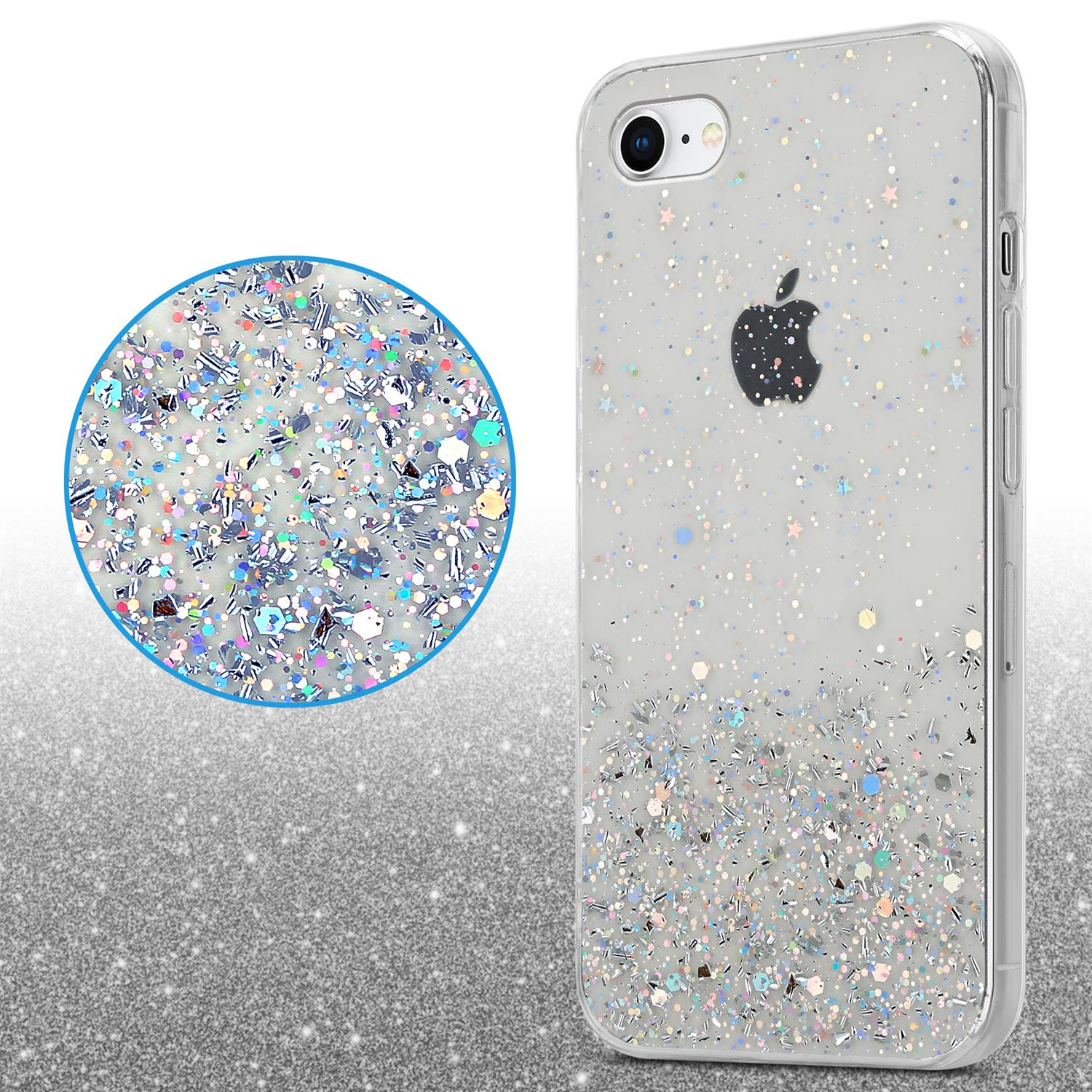 Klare Handyhülle mit Glitzer, iPhone darin. Eine Nahaufnahme zeigt Glitzerdetails.