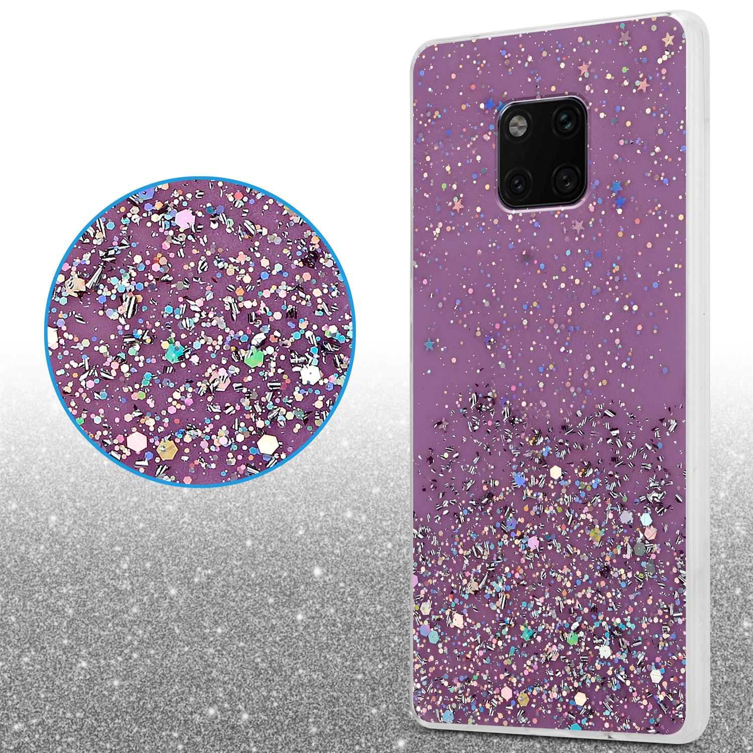 Eine Handyhülle mit Glitzerdesign auf lila Hintergrund und ein kleiner Kreis, der Glitzer zeigt.