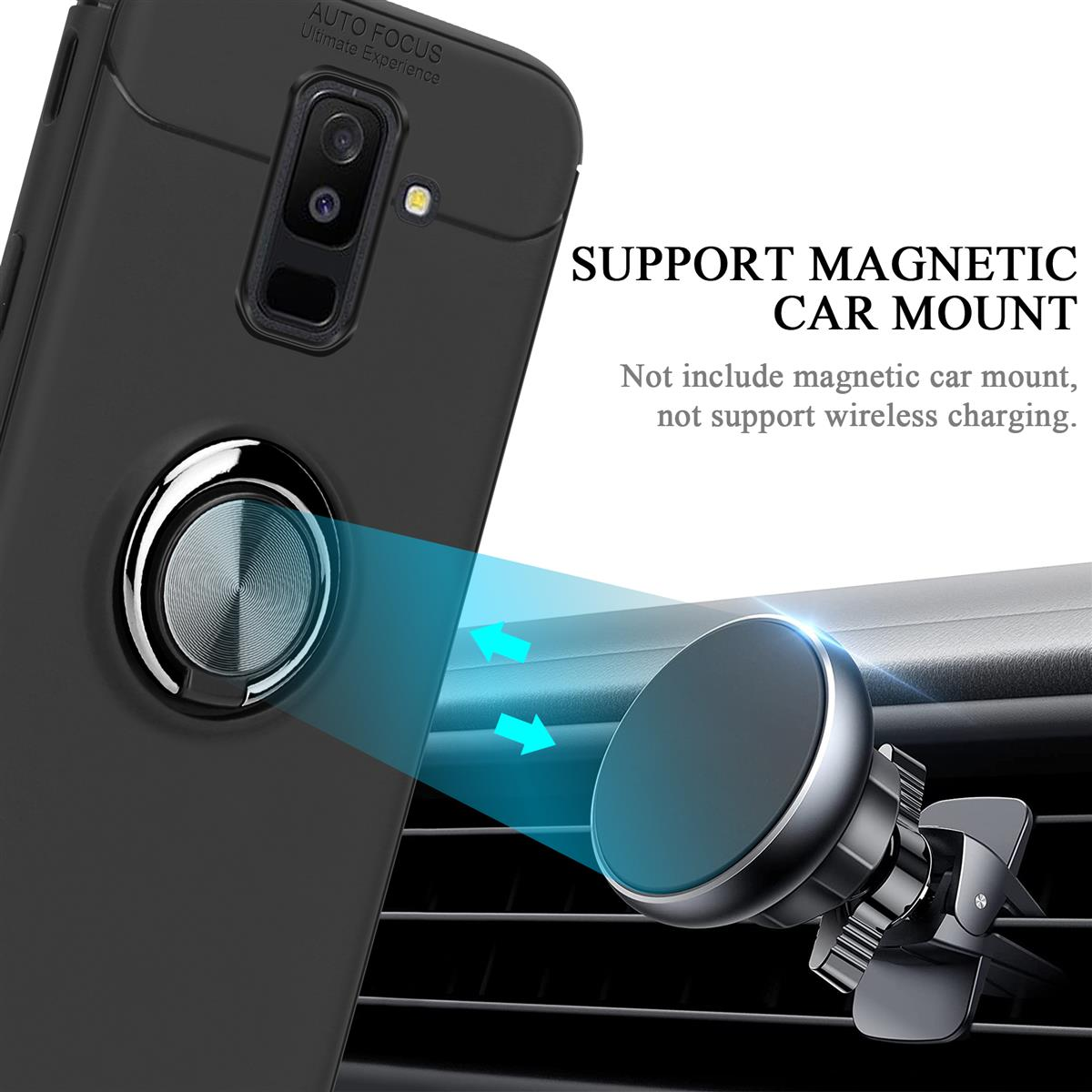 Custodia per telefono su un supporto per auto. Il testo dice 'SUPPORT MAGNETIC CAR MOUNT'.