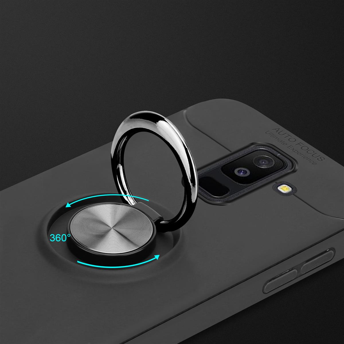 Una custodia per telefono nera con un supporto ad anello argentato che ruota di 360 gradi. La custodia ha le parole Auto Focus.
