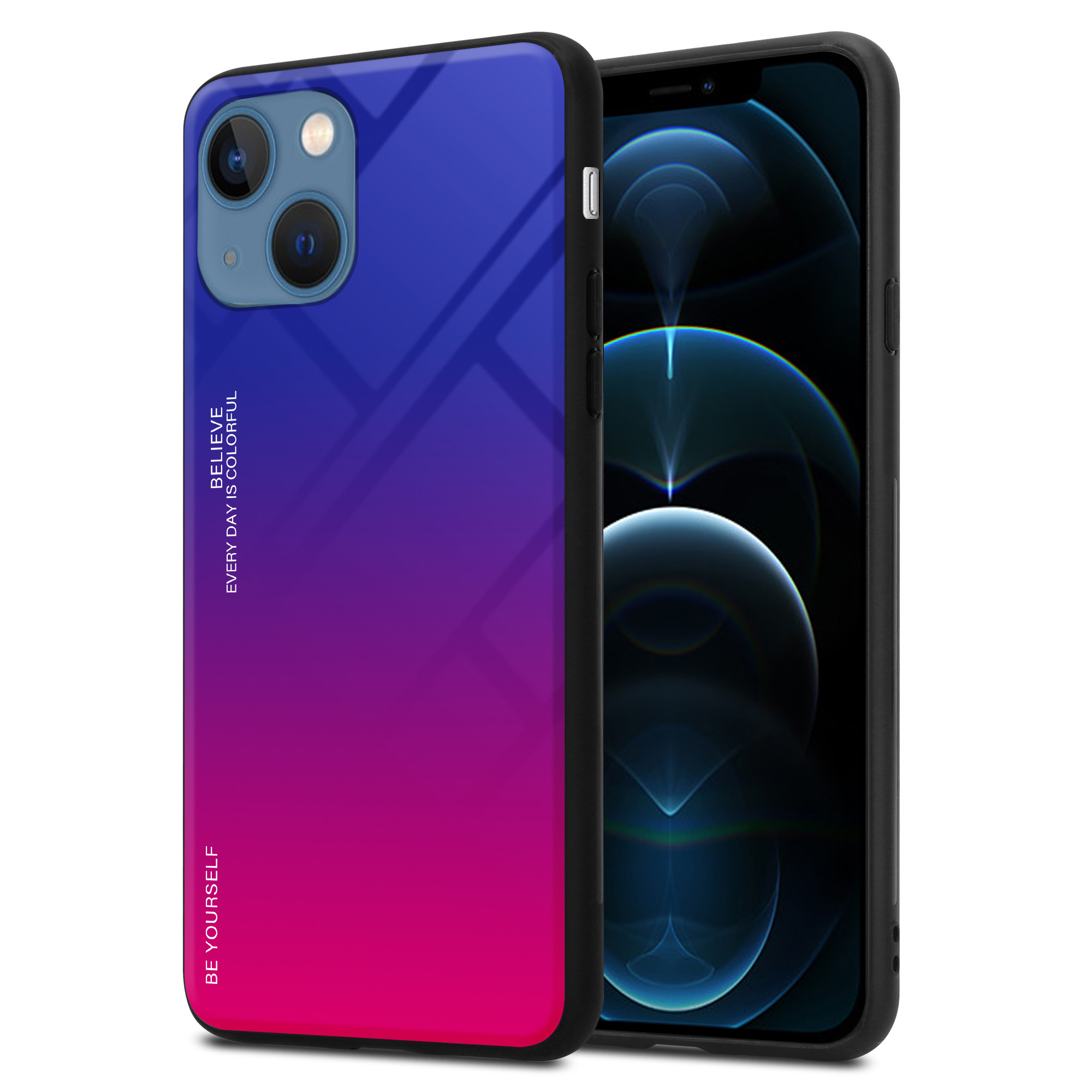 Telefono con custodia sfumata blu-rosa. La custodia dice: 'Believe. Every Day is Colorful'.