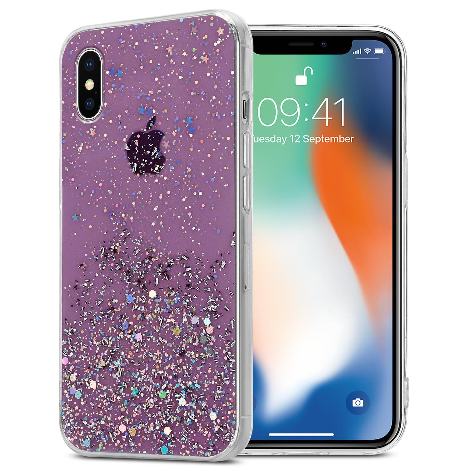 Telefon mit lila Glitzerhülle. Das Telefon hat einen Bildschirm mit Logo. Die Hülle hat Glitzer.