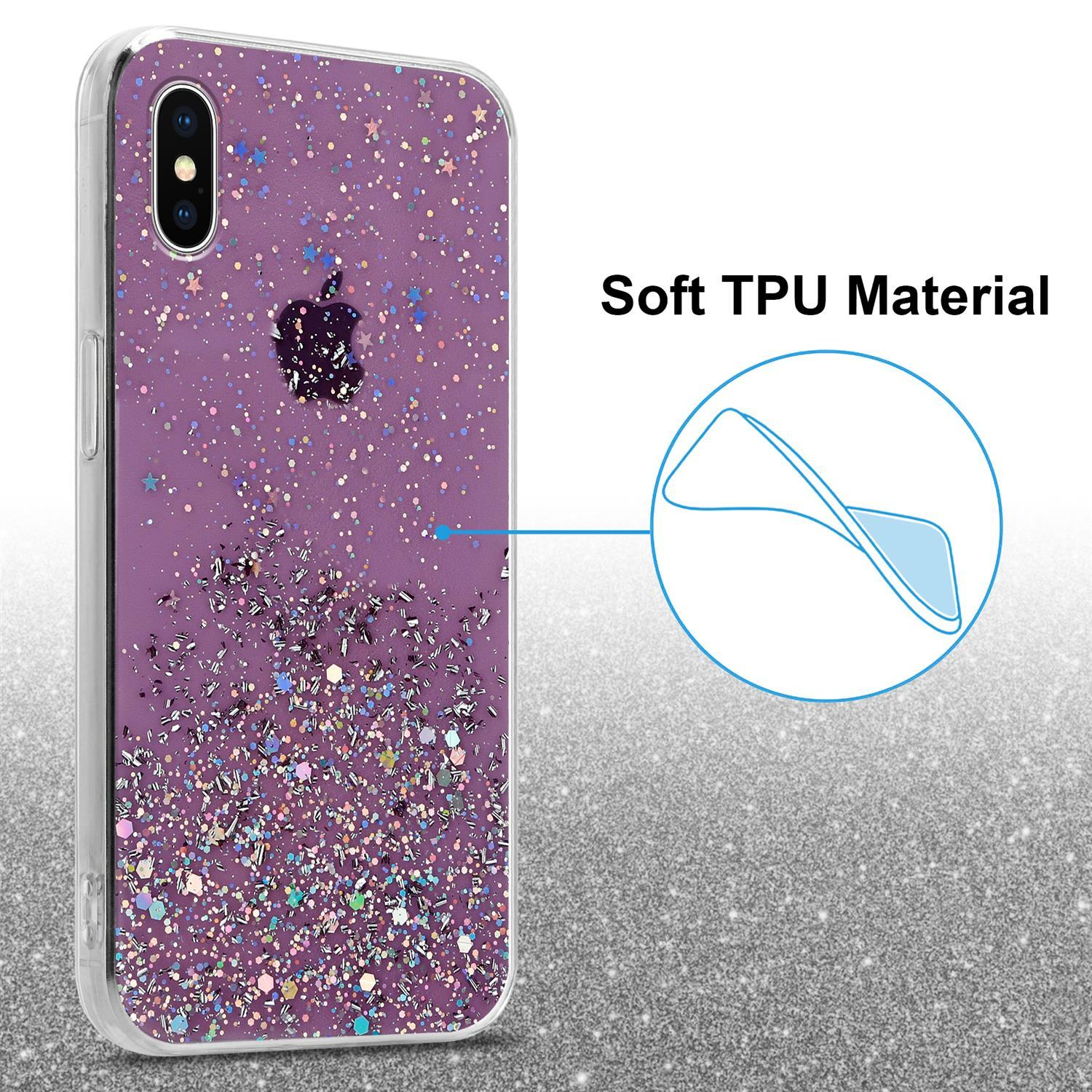 Eine transparente Handyhülle mit lila Glitzer und Sternen. Apple-Logo ist sichtbar. Text Soft TPU Material ist vorhanden.