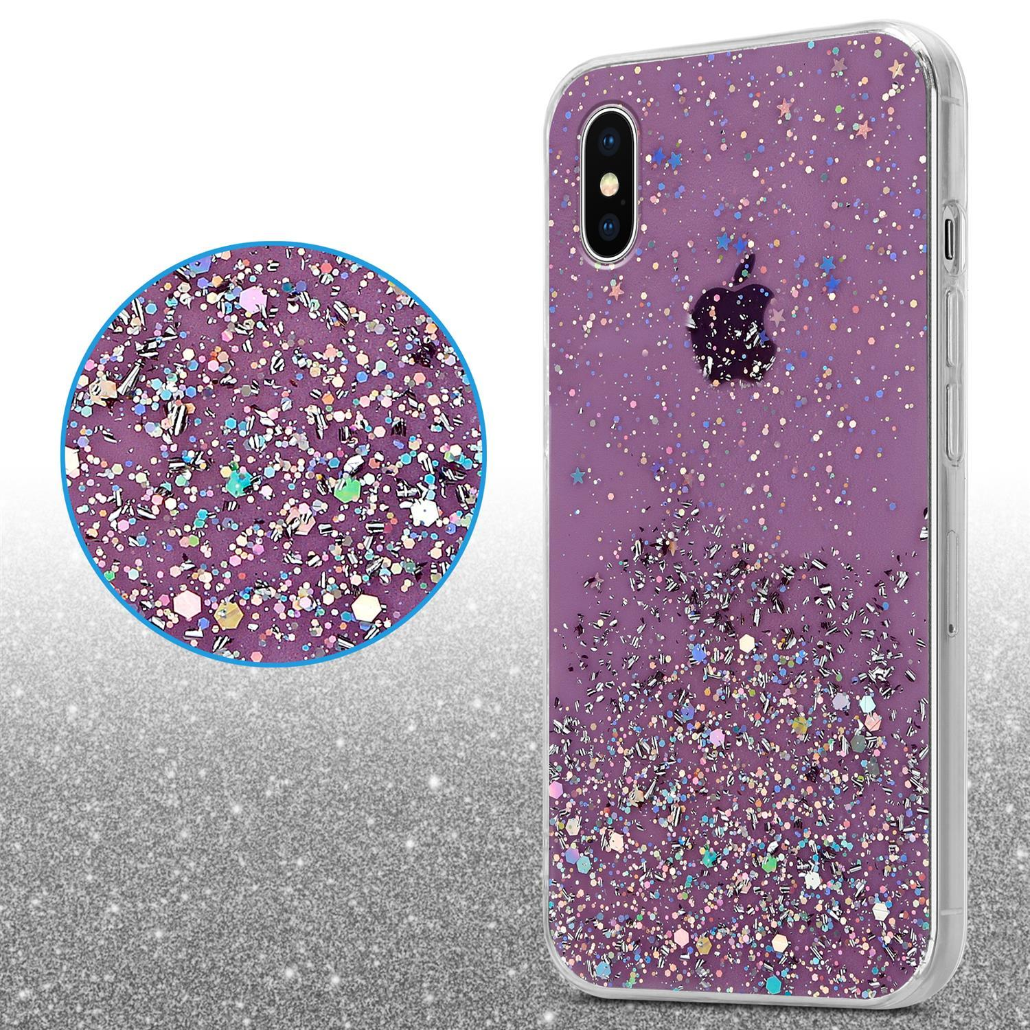 Lila Handyhülle mit Glitzer. Ein Kreis zeigt Nahaufnahme des Glitzers. Silberner Untergrund im Hintergrund.