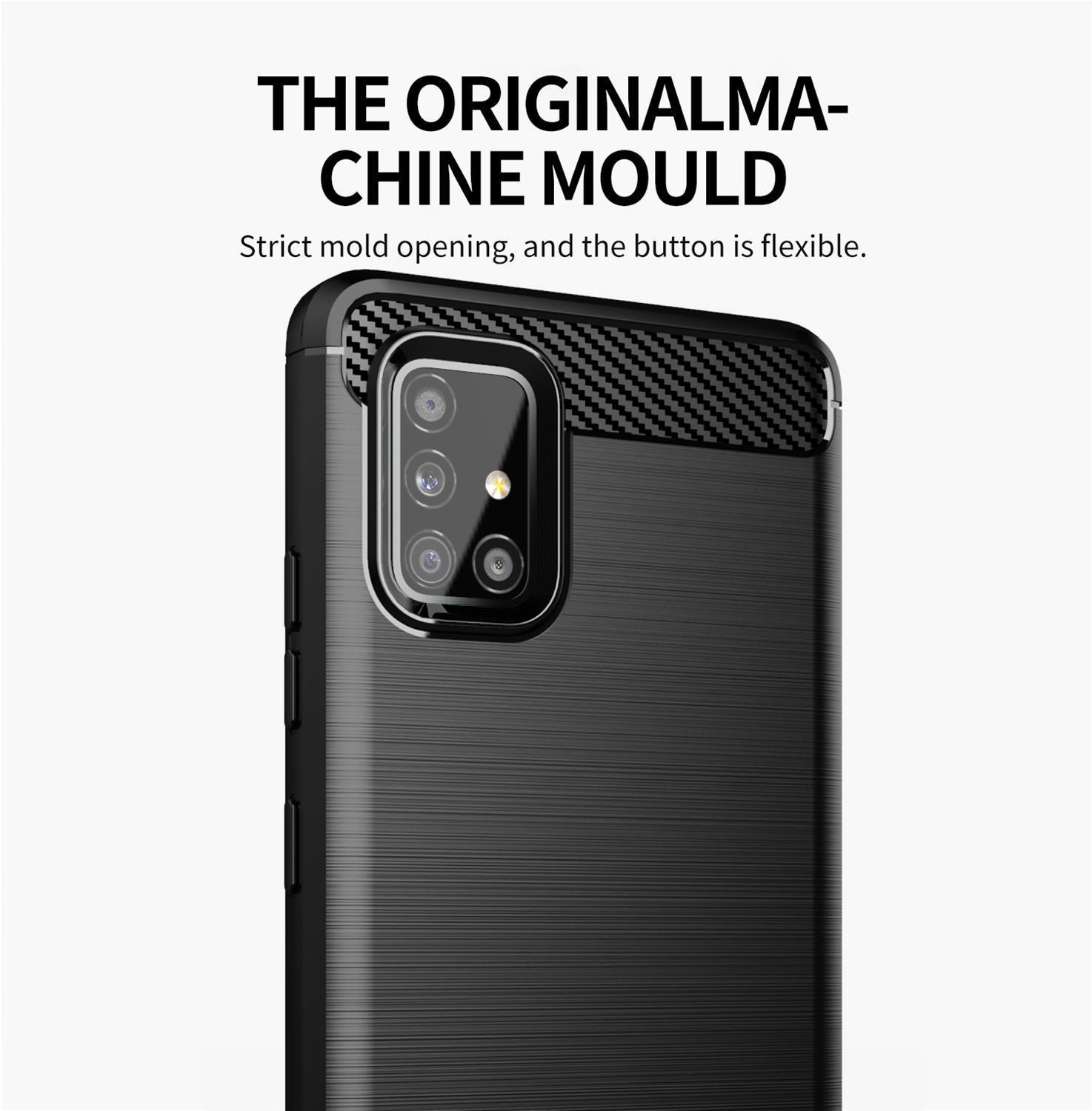 Primo piano di una custodia nera con superficie strutturata. Testo: 'The Original Machine Mould' e descrizione.