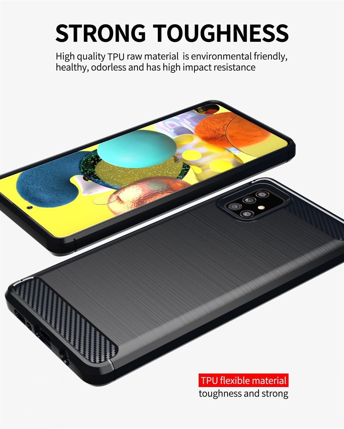 Due telefoni con custodie, uno nero e l'altro giallo. Testo: Forte tenacità e materiale TPU flessibile.