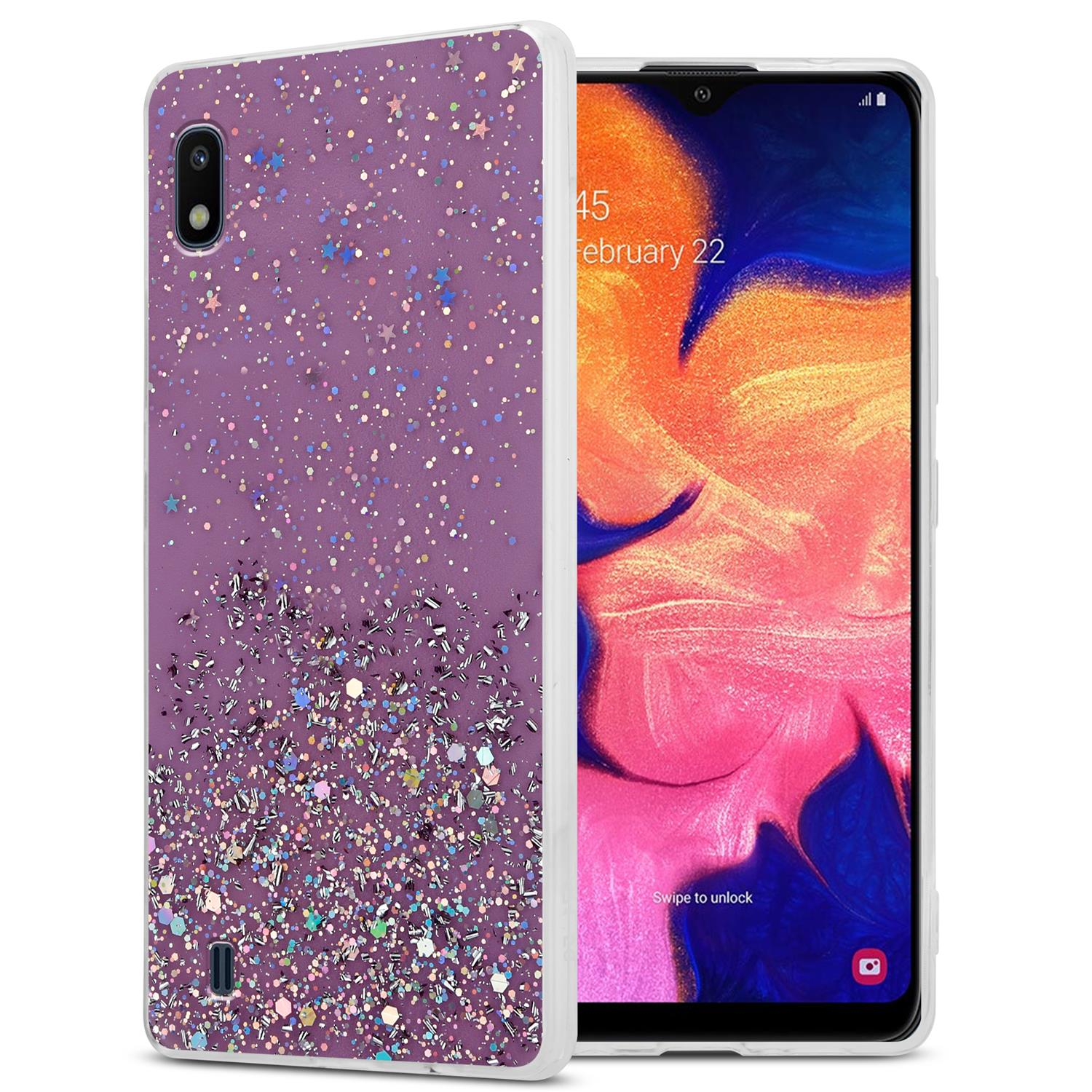 Lila Handyhülle mit Glitzer und einem Telefon. Hintergrund: weiß.