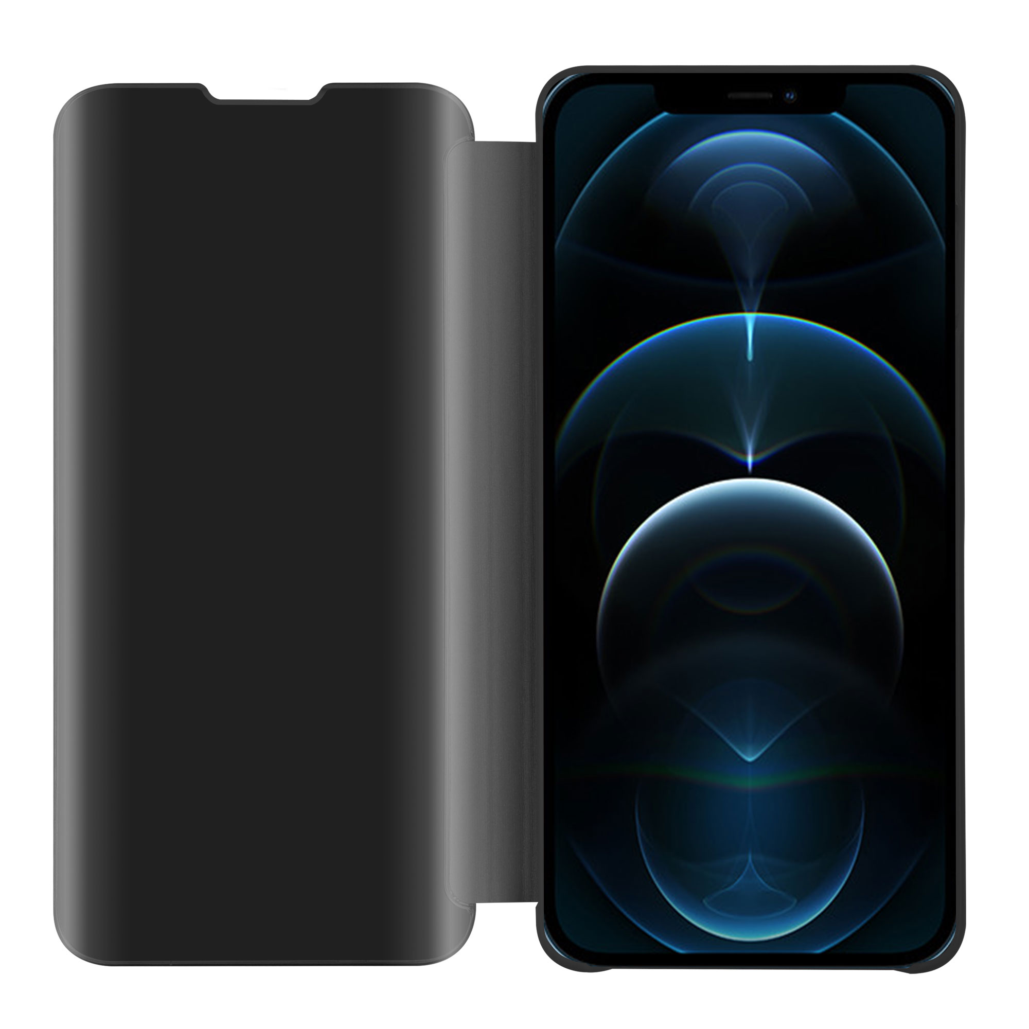 Una custodia per telefono nera è aperta, rivelando lo schermo del telefono con un design blu. La custodia è opaca e liscia.