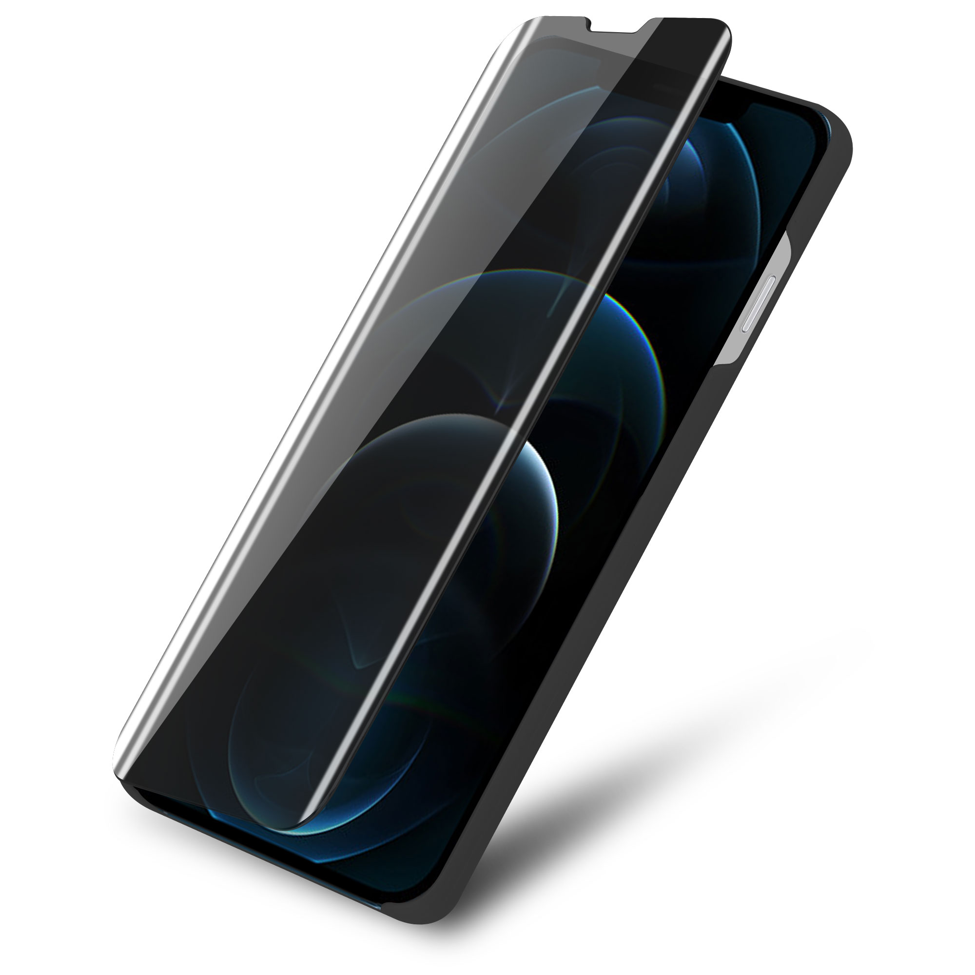 Un telefono a cui viene applicata una protezione per lo schermo. Il telefono è nero e la protezione è trasparente.