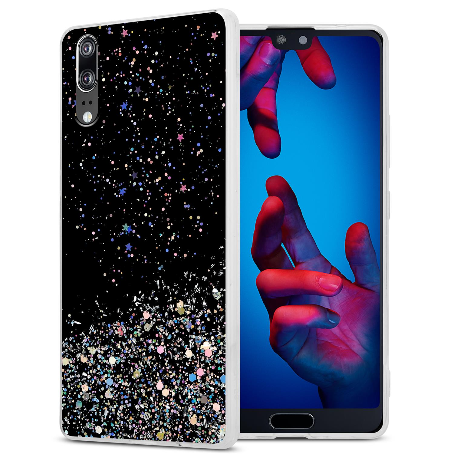 Eine Handyhülle mit Glitzer und ein Telefon mit blauem Hintergrund und zwei Händen.