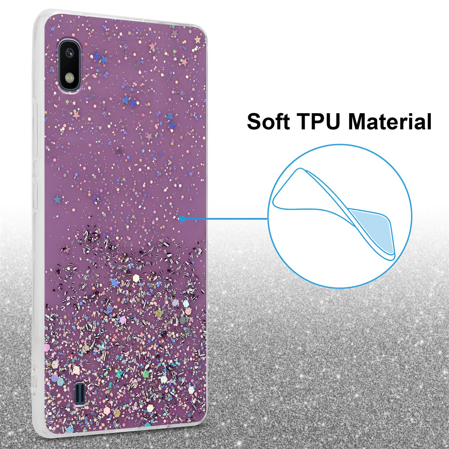 Lila Handyhülle mit Glitzer und Sternen, mit dem Text "Soft TPU Material" auf einem Glitzerhintergrund.
