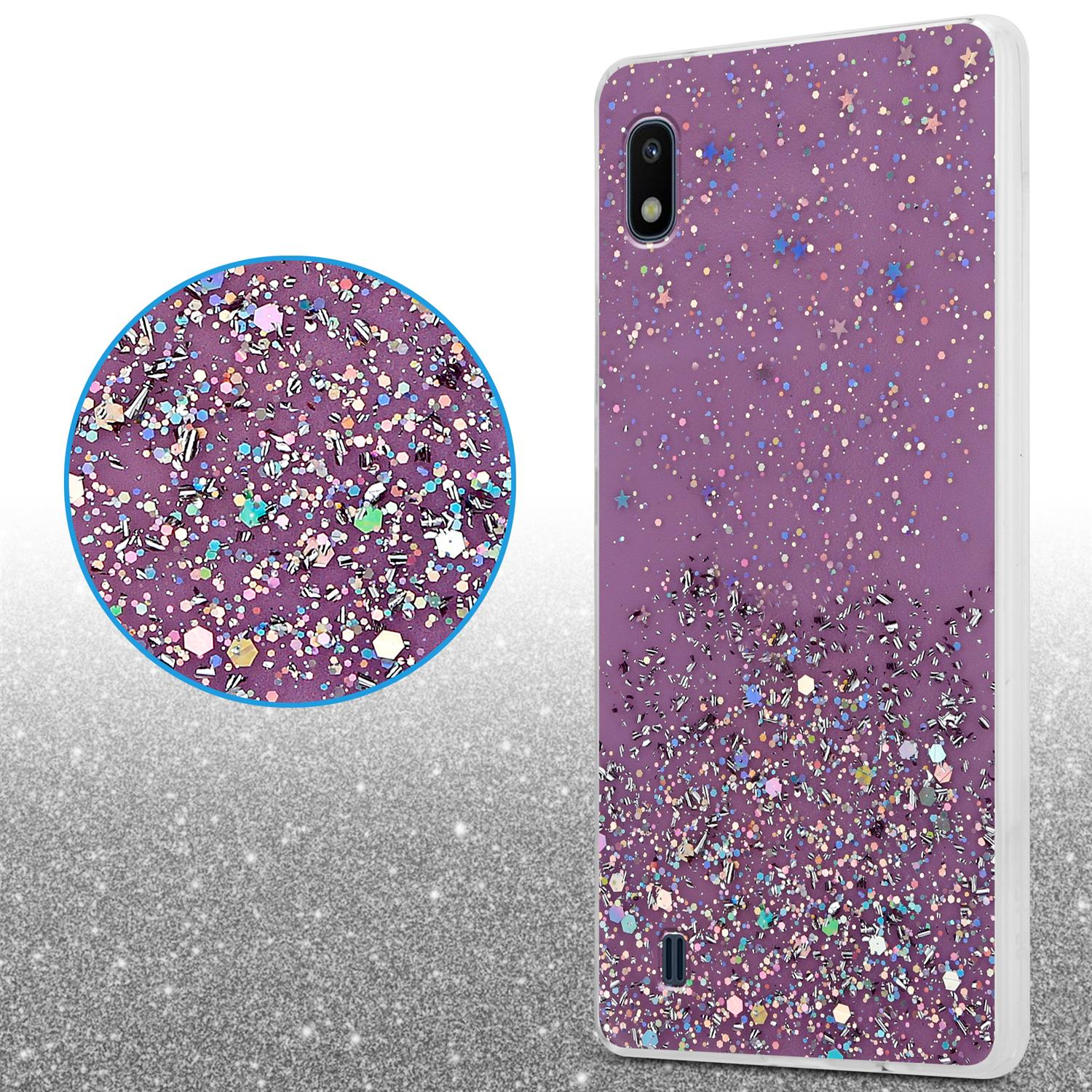 Eine lila Handyhülle mit Glitzer und einem kreisförmigen Glitzerdetail links. Weiße Ränder.
