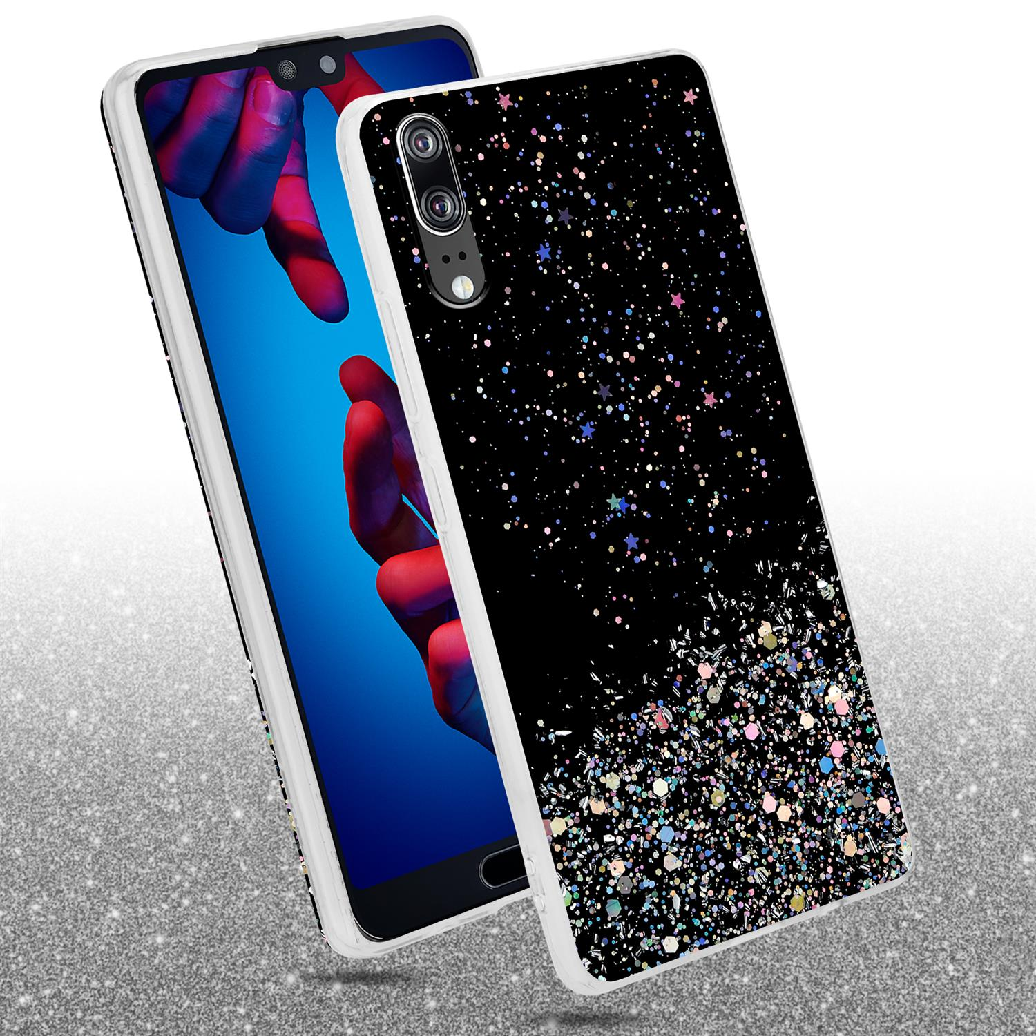 Ein Smartphone mit einer glitzernden schwarzen Hülle, vor einem Hintergrund mit Glitzer.