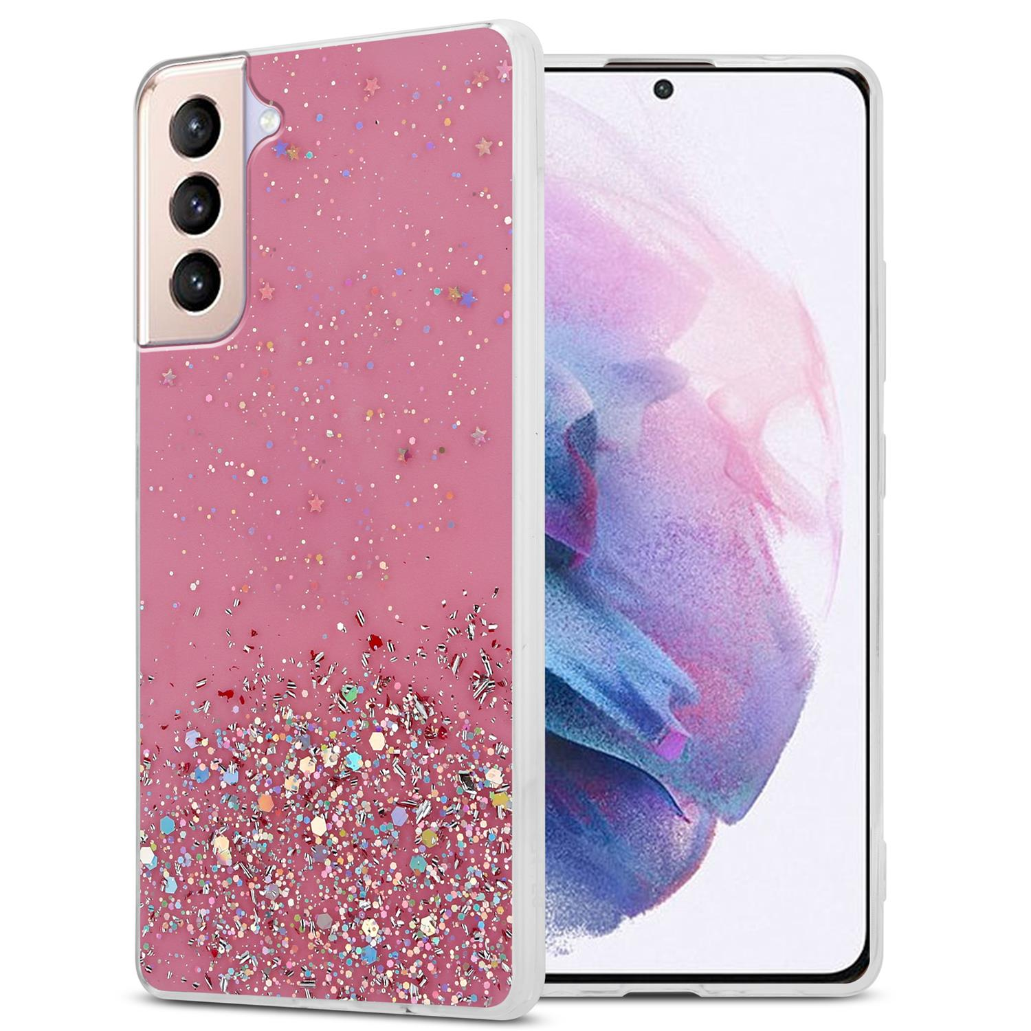 mit funkelnden Galaxy mit Backcover, S21 PLUS, Samsung, CADORABO Glitter, Rosa Schutzhülle Glitter