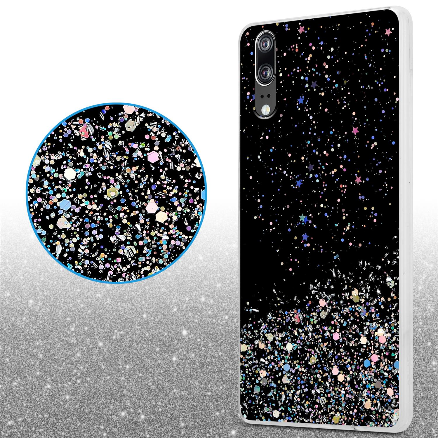 Eine schwarze Handyhülle mit Glitzer. Eine Nahaufnahme der Hülle mit einem Kreis zeigt Glitzer.