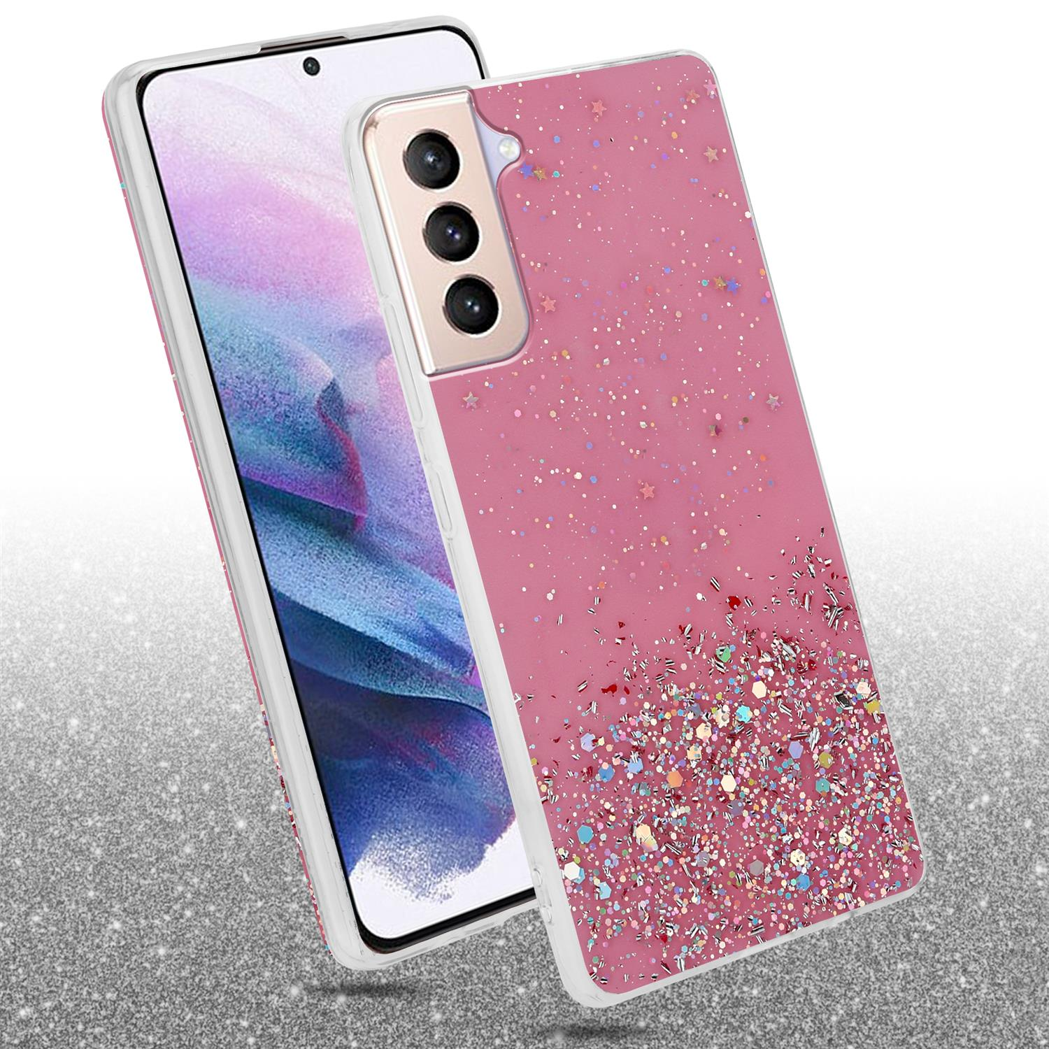 Custodia per telefono rosa con glitter e stelle, su un telefono con sfondo argentato.