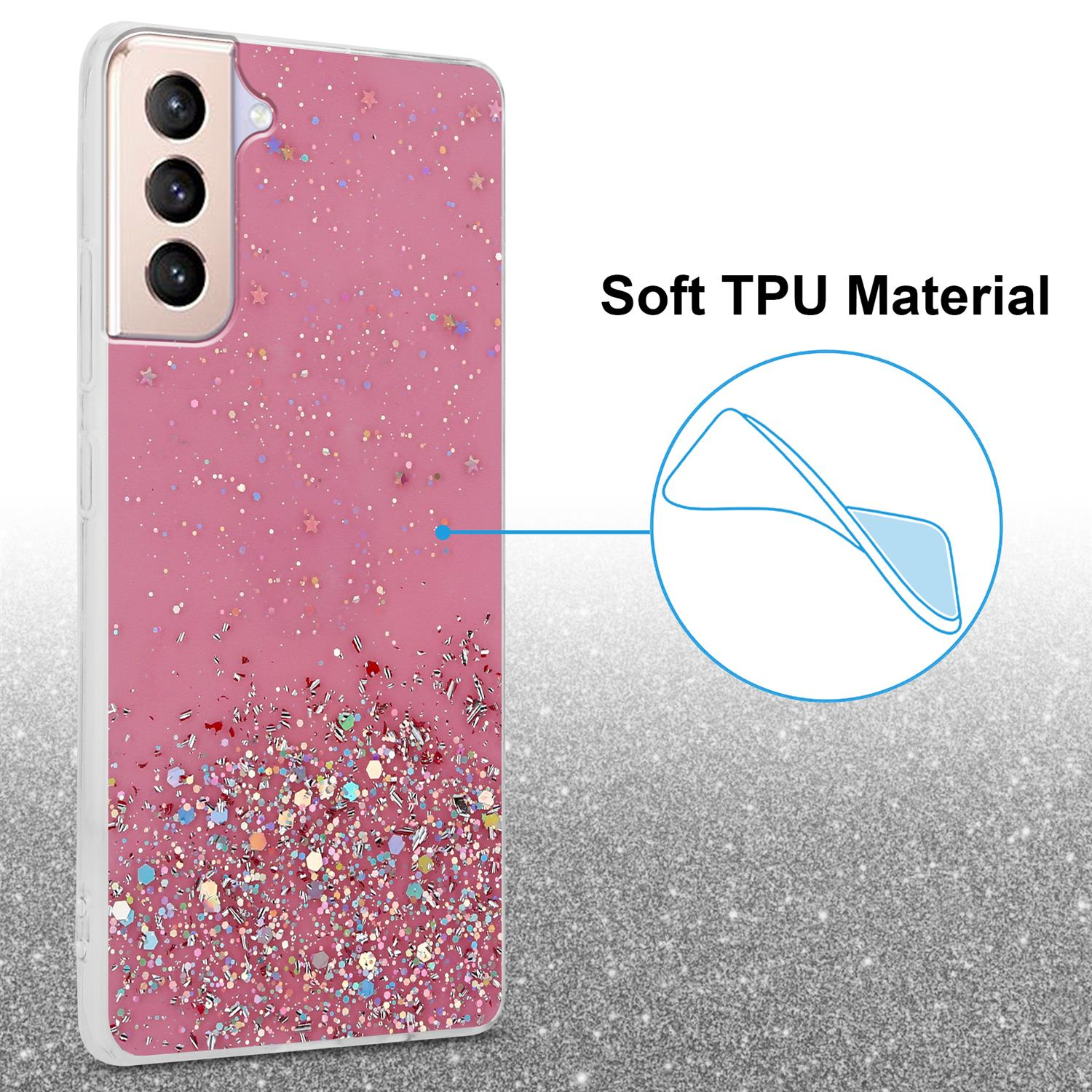 Un telefono con custodia rosa glitterata. Lo sfondo è un effetto glitter argento sfocato.