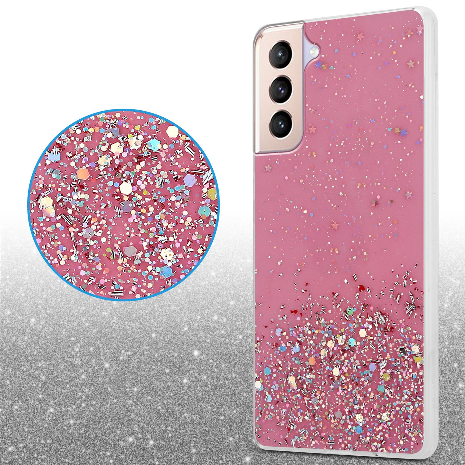Una custodia per telefono rosa glitterata con una vista ingrandita del glitter su una superficie bianca.