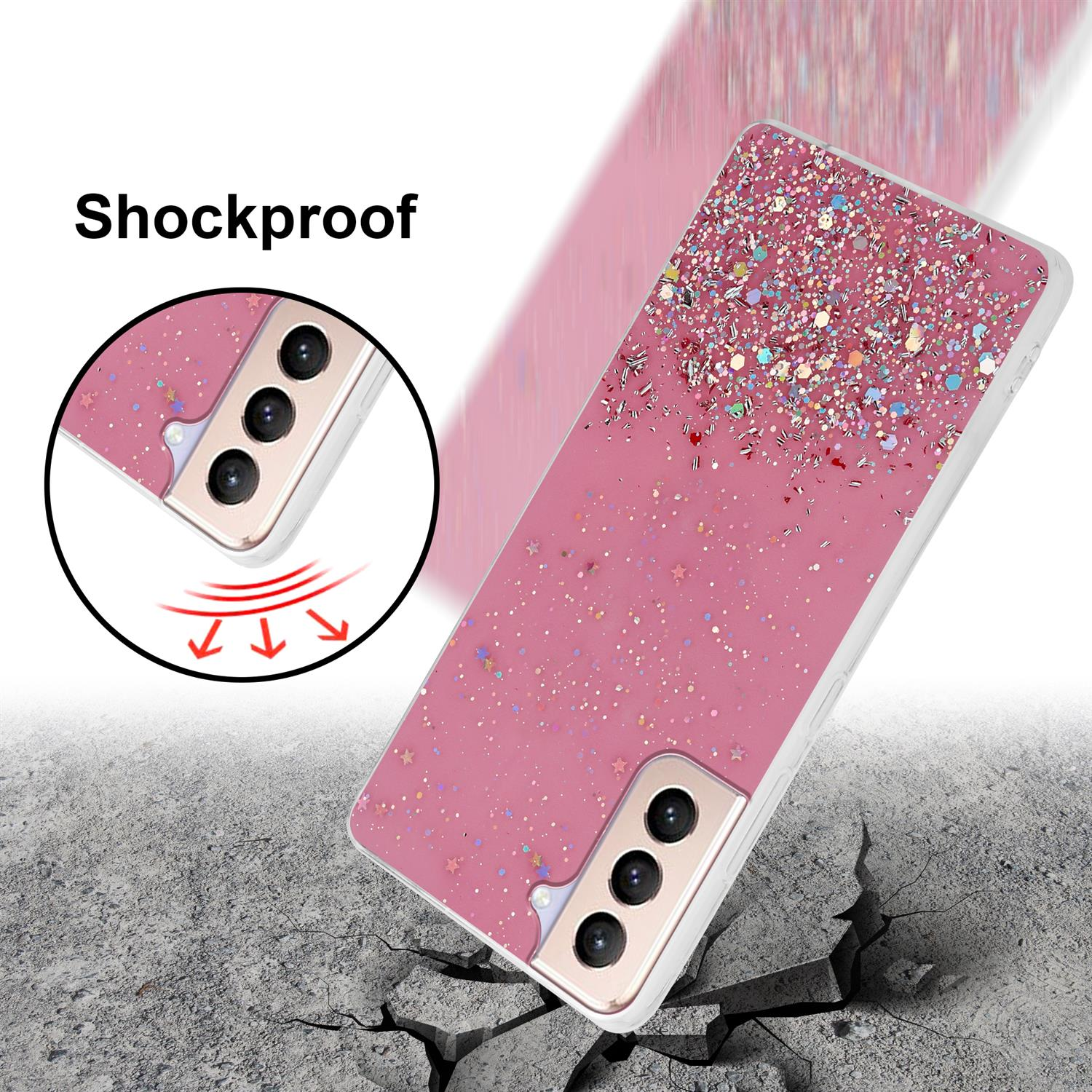 Custodia per telefono rosa con glitter, angolata su superficie screpolata. Testo: Antiurto. Frecce che puntano verso la custodia.