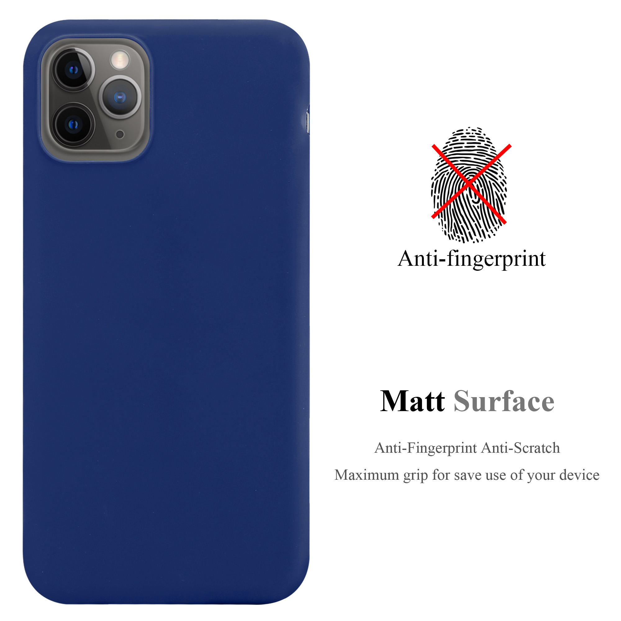 Eine dunkelblaue Handyhülle. Text: Matt Surface, Anti-Fingerabdruck, Anti-Kratzer, maximaler Grip. Ein Fingerabdruck mit rotem X.