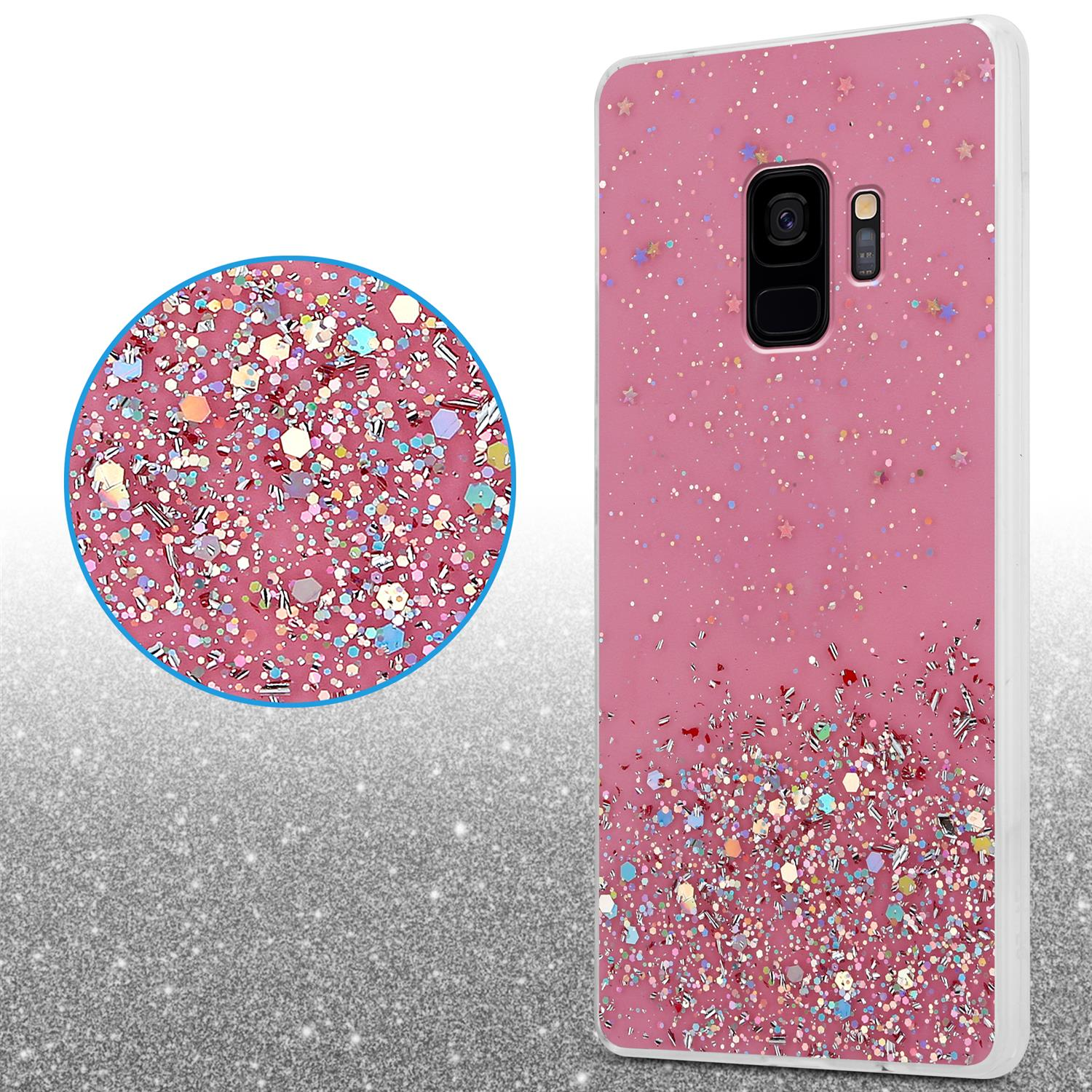 Rosa Handyhülle mit Glitzer und glitzernden Punkten. Eine Nahaufnahme zeigt Details.
