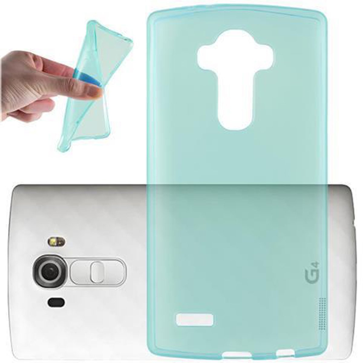 Una mano sosteniendo una funda azul para teléfono junto a un teléfono con una funda azul.
