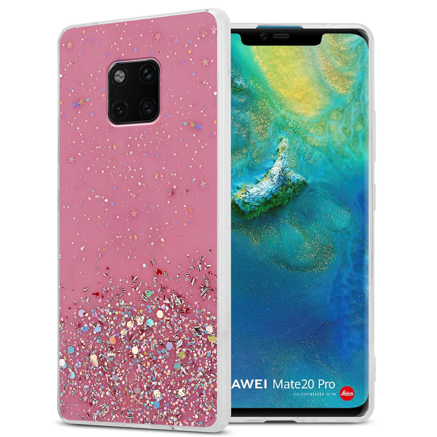Rosa Handyhülle mit Glitzer und Sternen. Telefonbildschirm zeigt Landschaft.