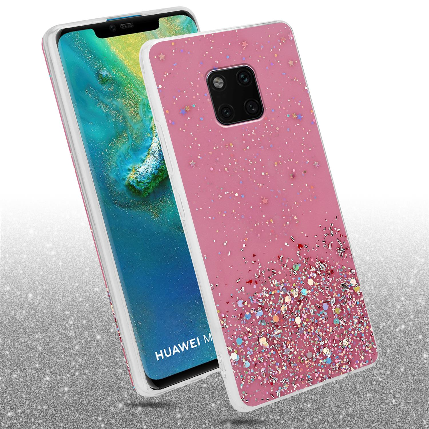 Rosa Telefon mit Glitzerhülle und weißem Rand. Weißer Hintergrund.