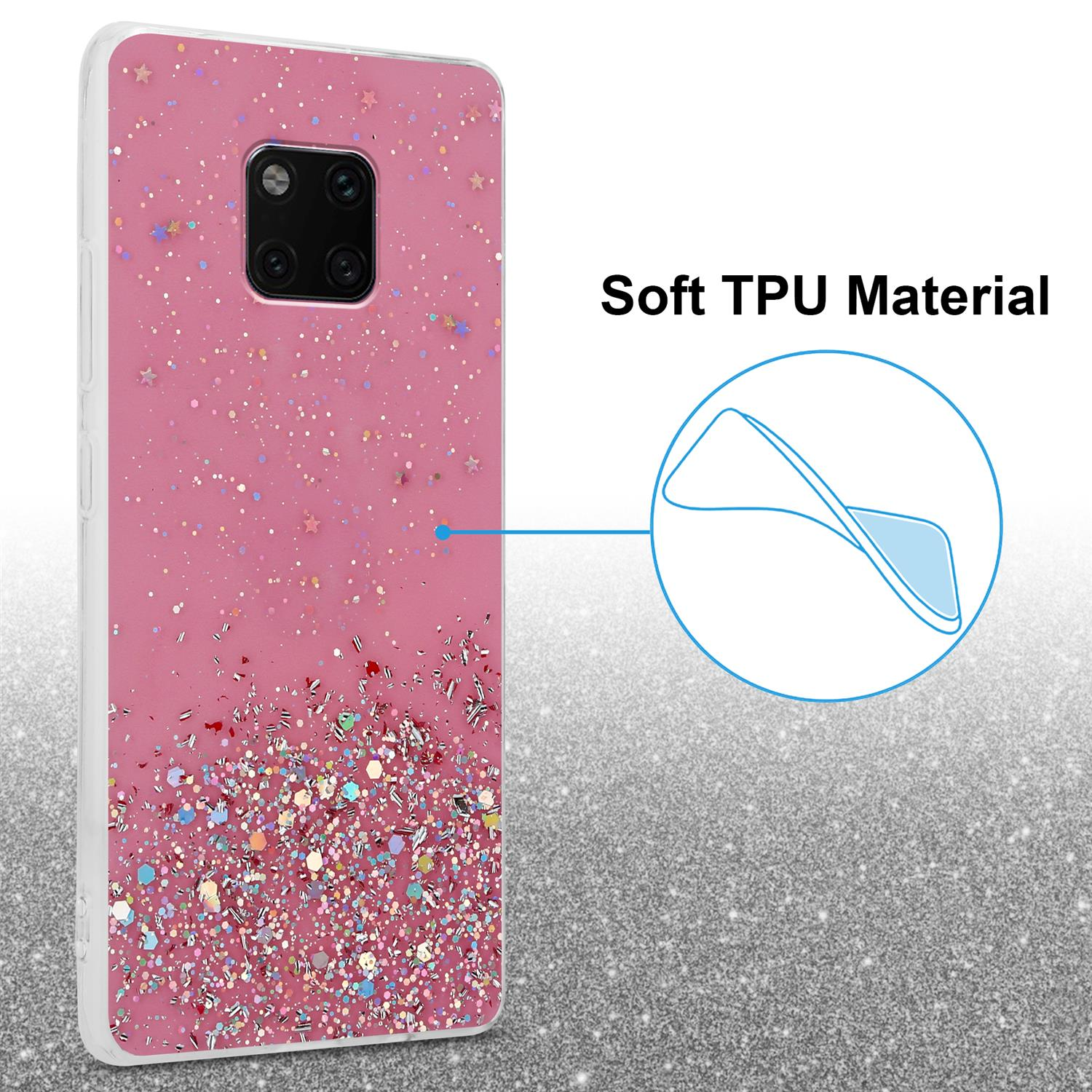 Rosa Handyhülle mit Glitzer und Sternen, ein Diagramm mit einer blauen Form.