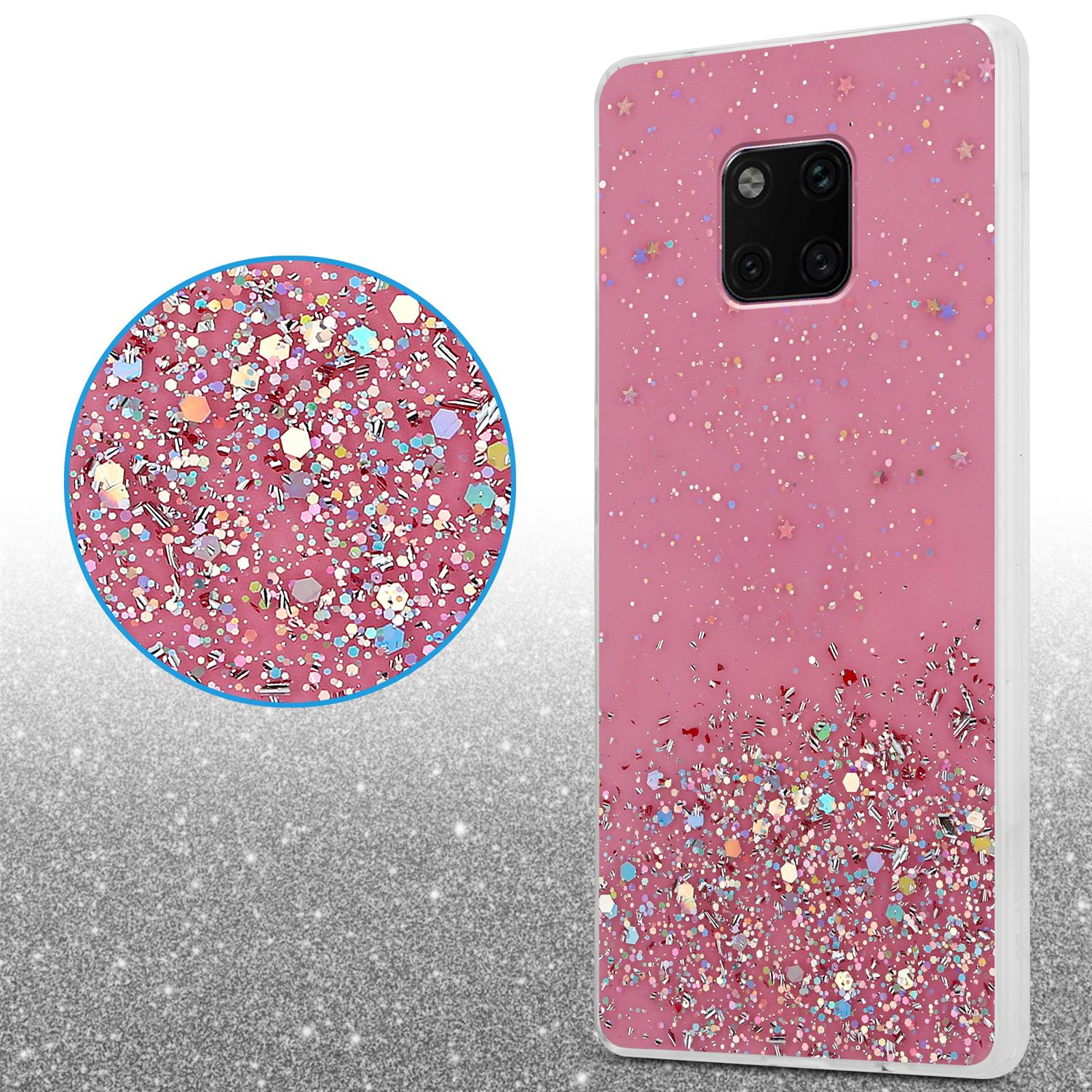 Eine Handyhülle mit rosa Glitzer. Eine Nahaufnahme zeigt die Glitzerdetails. Die Hülle ist rosa mit Glitzer.