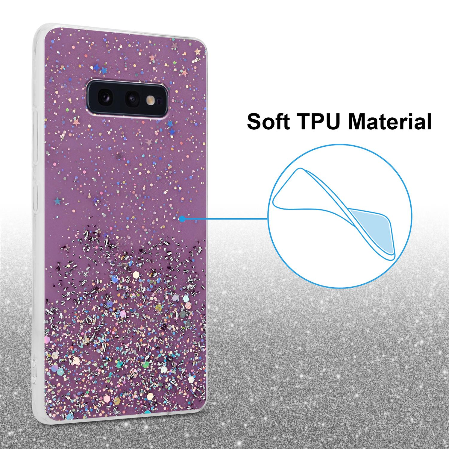 Eine lila Handyhülle mit Glitzer. Ein Kreis hebt die Hülle hervor, Text sagt Soft TPU Material.