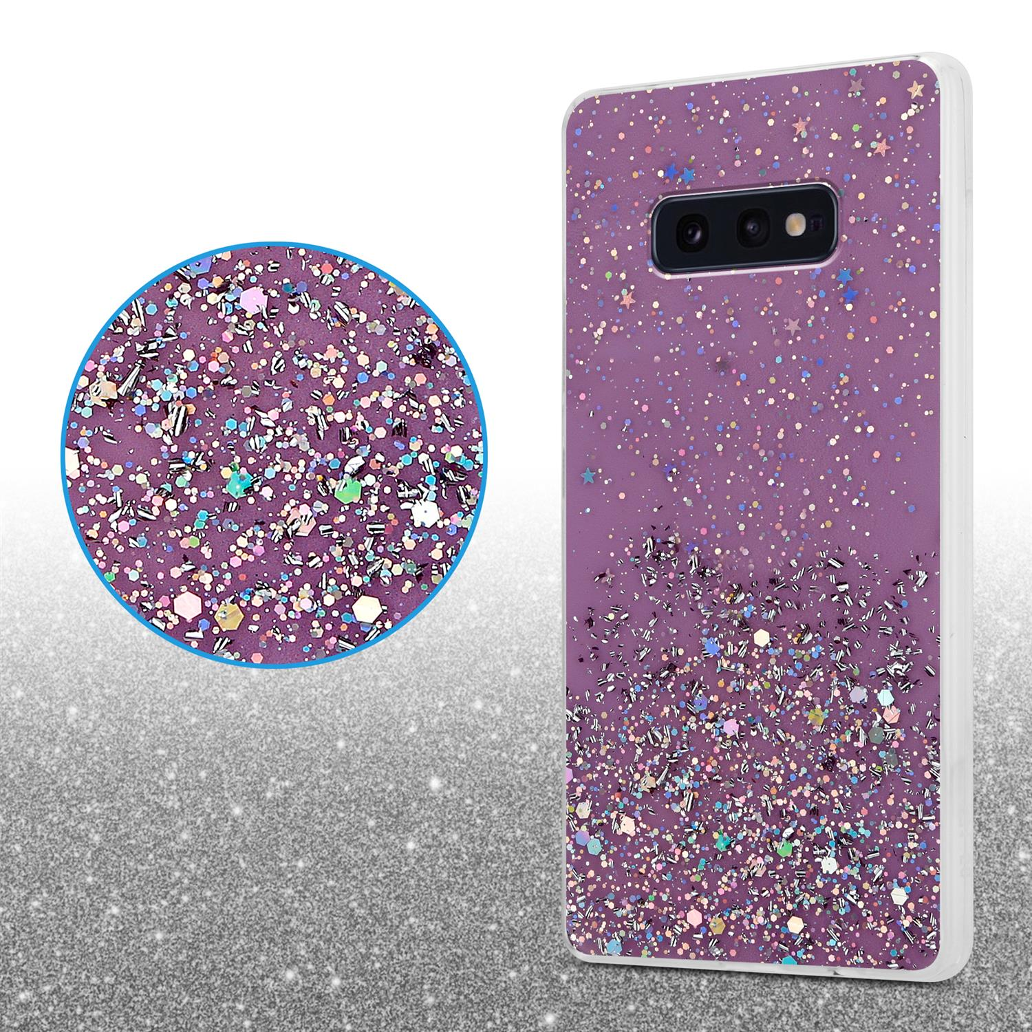 Eine Handyhülle mit lila Glitzerdesign. Auf der linken Seite der Hülle befindet sich ein kreisförmiges Design.