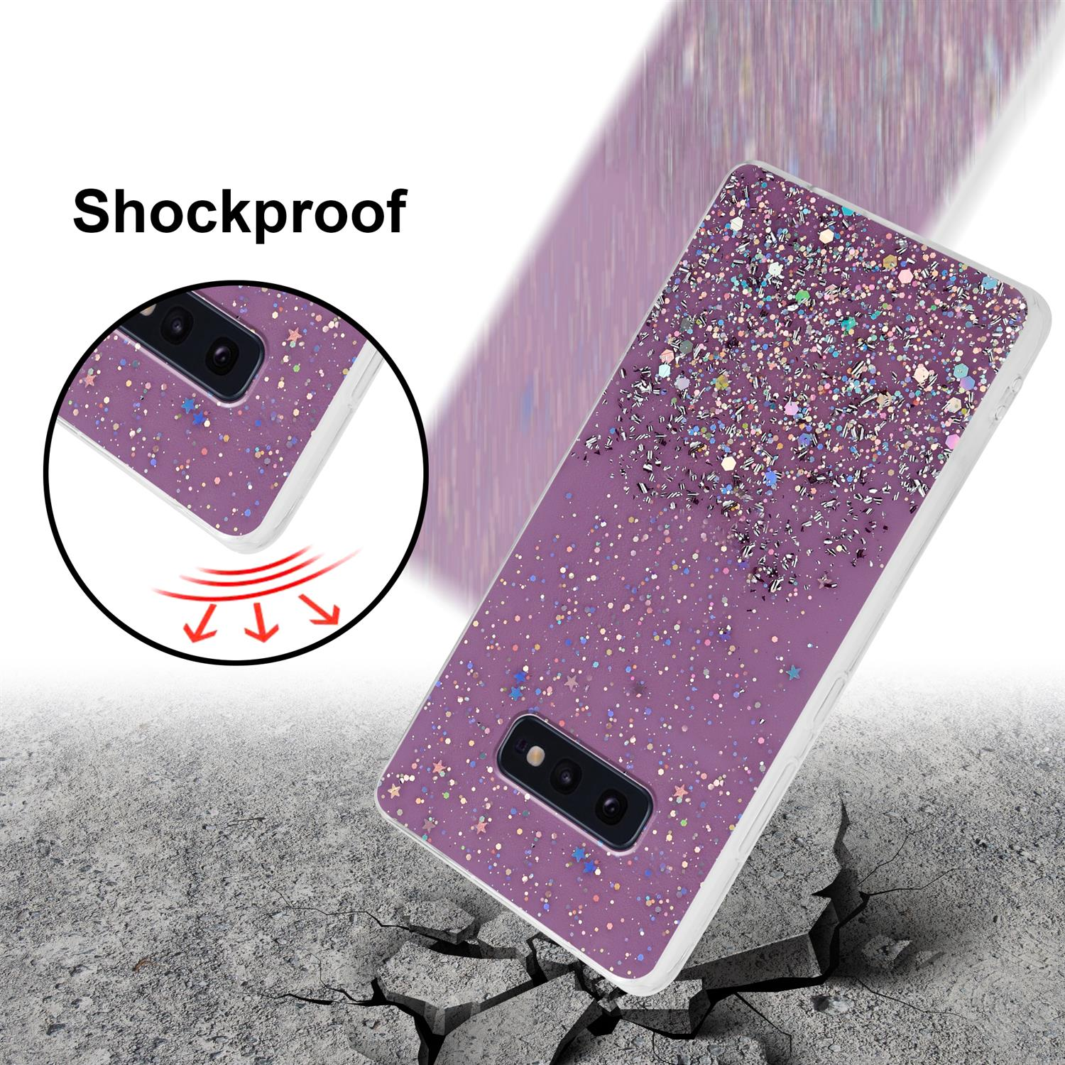 Lila Handyhülle mit Glitzerdesign und Sternen. Die Hülle liegt auf einer rissigen Oberfläche. Stoßfest ist geschrieben.