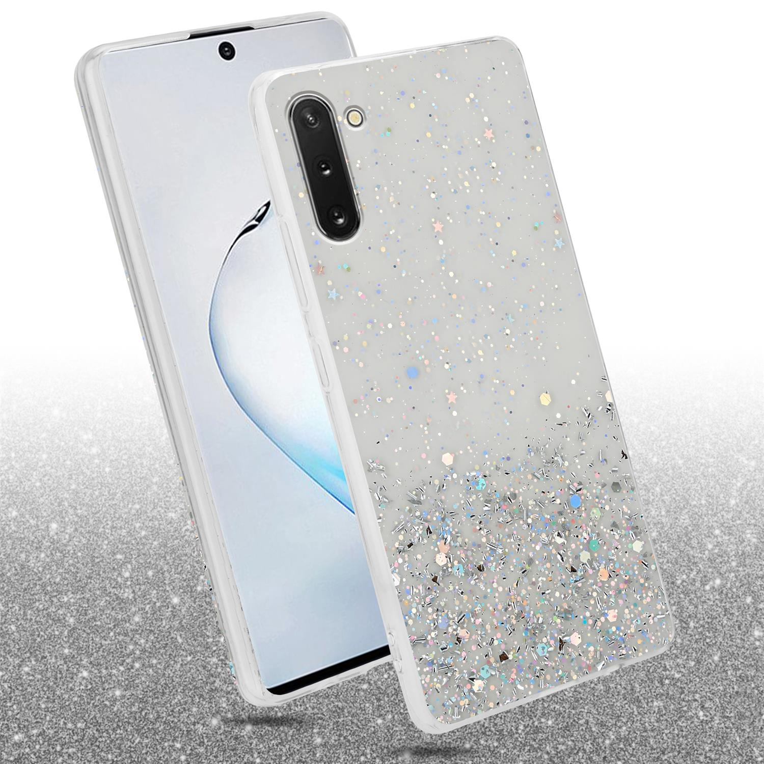 Un telefono e una custodia. La custodia è trasparente con glitter. Il telefono è bianco.