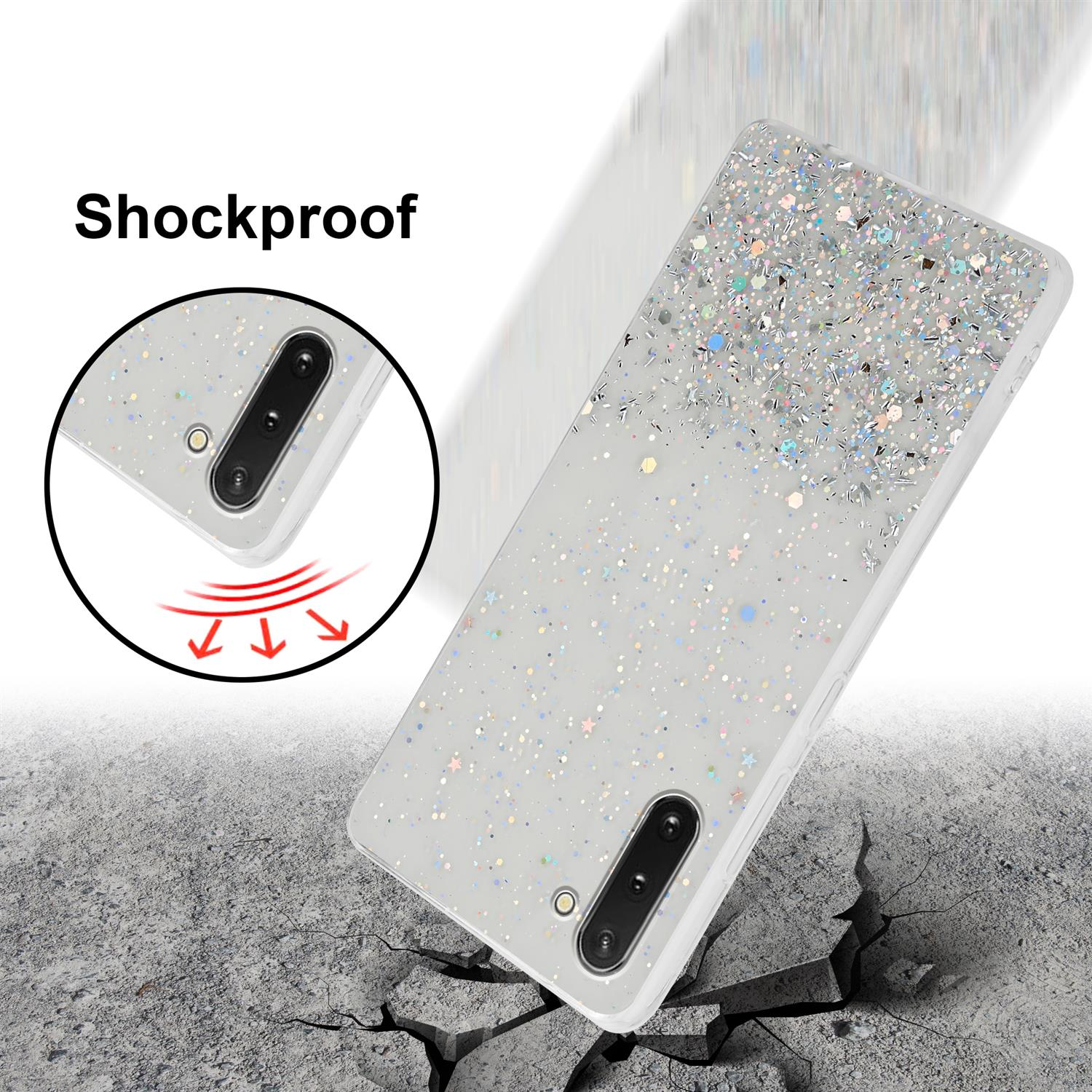 Custodia per telefono bianca con design glitterato. Testo: 'Shockproof'. L'impatto è mostrato con frecce.