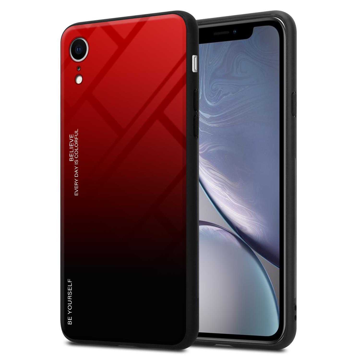 Custodia per telefono con sfumatura rossa e nera. Il telefono è nero. Sfondo bianco.