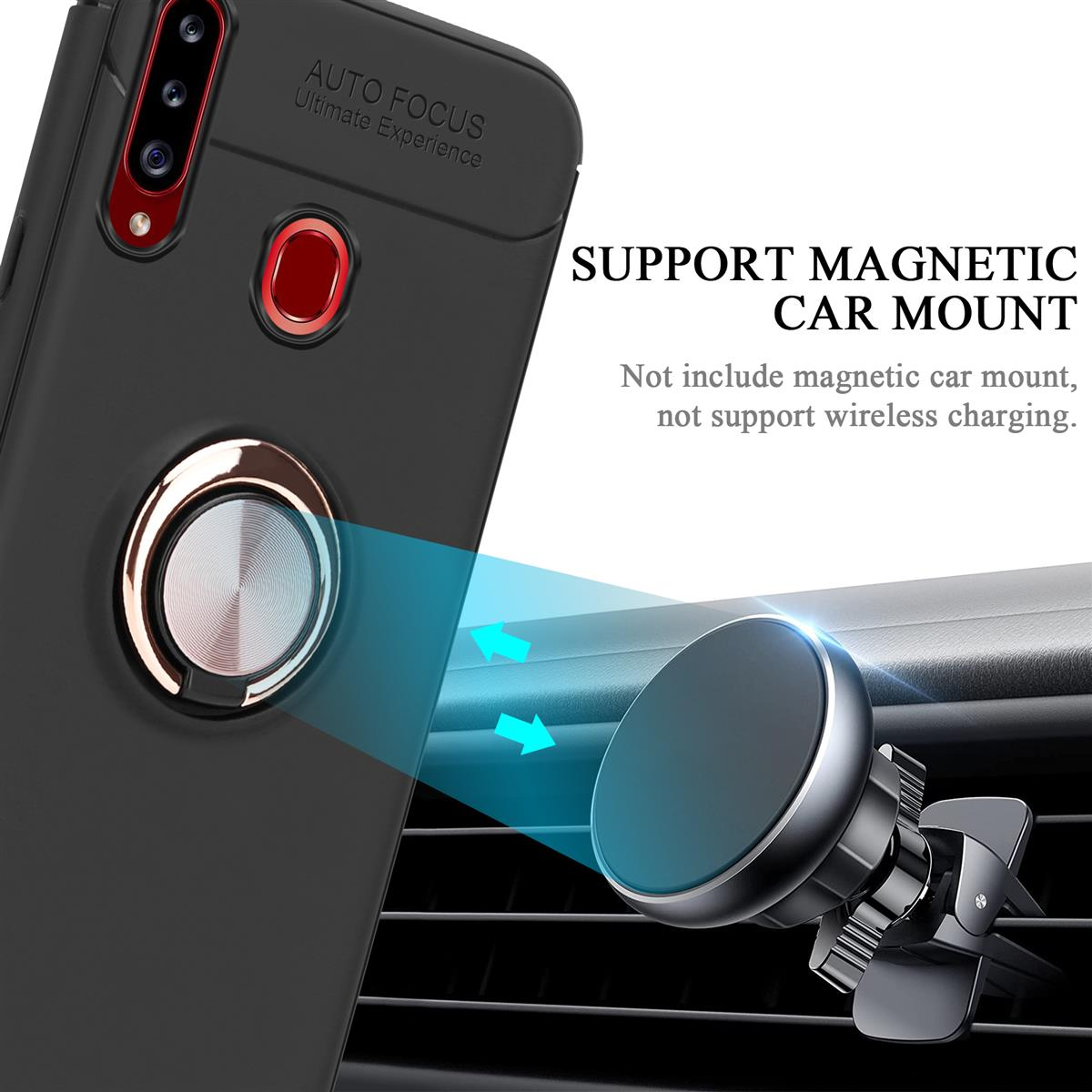 Telefono in una custodia nera con un supporto magnetico per auto. Il supporto è attaccato a una presa d'aria.