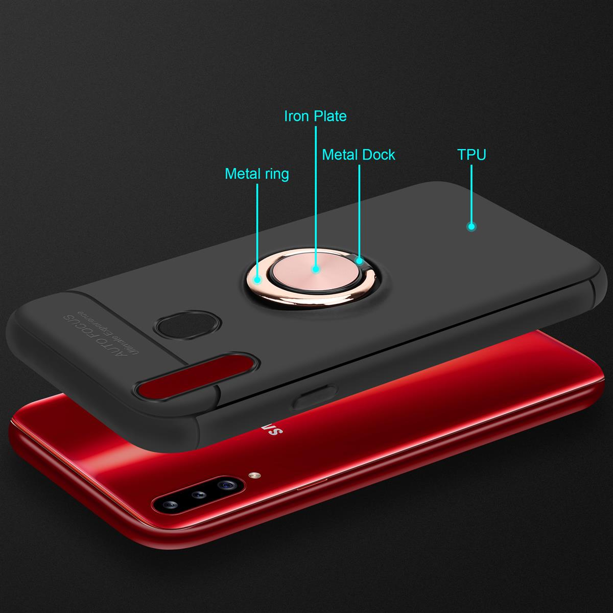Custodia nera con anello metallico e supporto, su telefono rosso. Testo descrive: Iron Plate, Metal Ring, Metal Dock, TPU.
