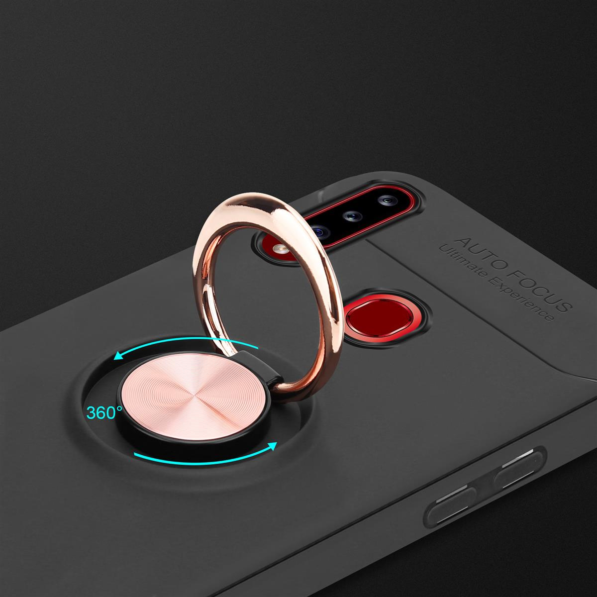 Un telefono con una custodia con un anello porta telefono è esposto, mostrando le caratteristiche del telefono e la rotazione dell'anello.