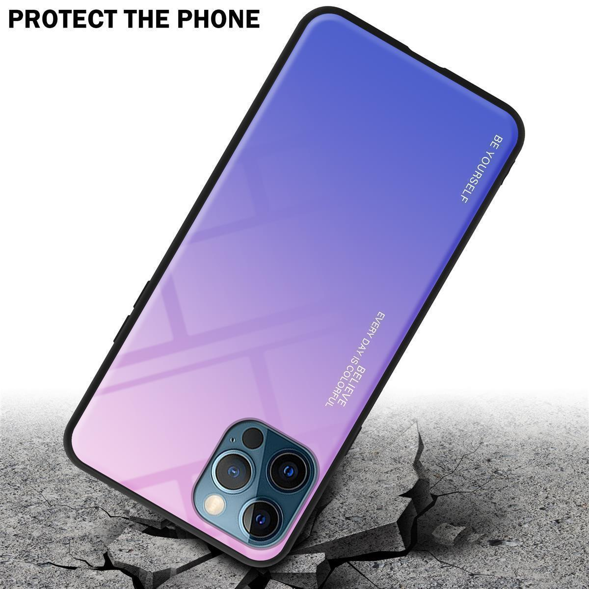Handyhülle mit lila-blauem Farbverlauf auf einer zerbrochenen Oberfläche. Text: 'Schützen Sie das Telefon'.
