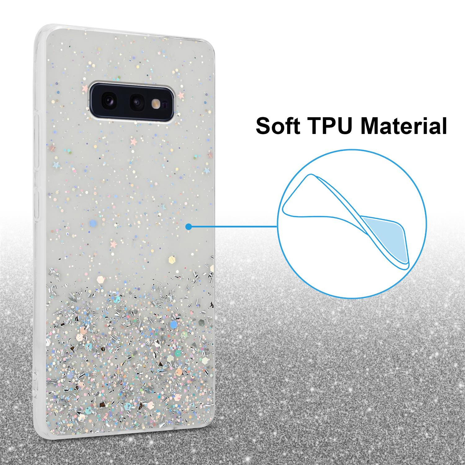 Una custodia per telefono con glitter, un contorno blu mostra il materiale TPU.